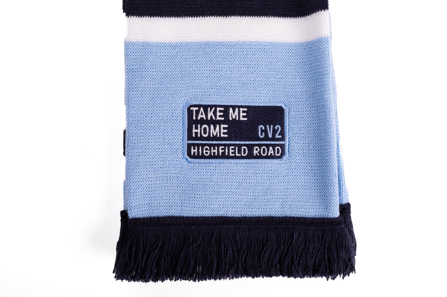 Sky blue scarf with navy blue embroidered badge (CV2)