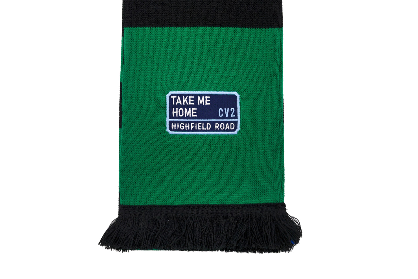 Green and black scarf with navy blue embroidered badge (CV2)