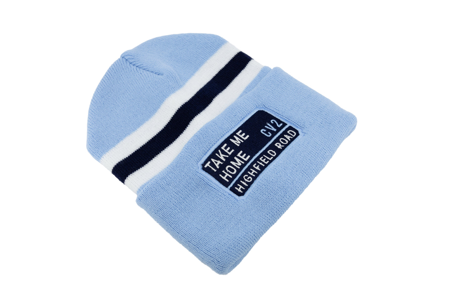 Sky blue hat with navy blue embroidered badge (CV2)