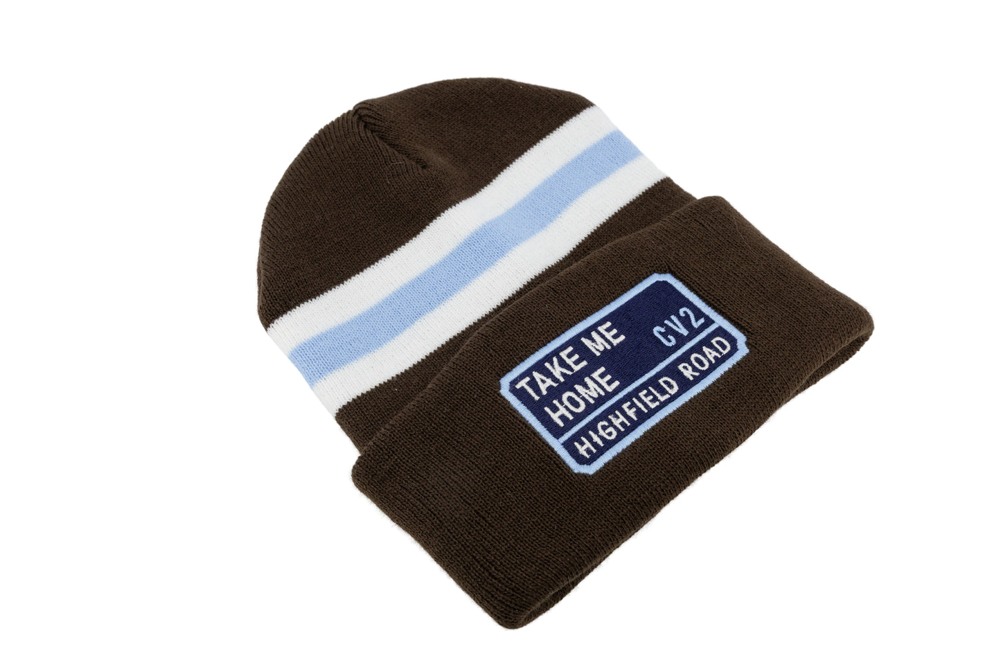 Dark chocolate hat with navy blue embroidered badge (CV2)