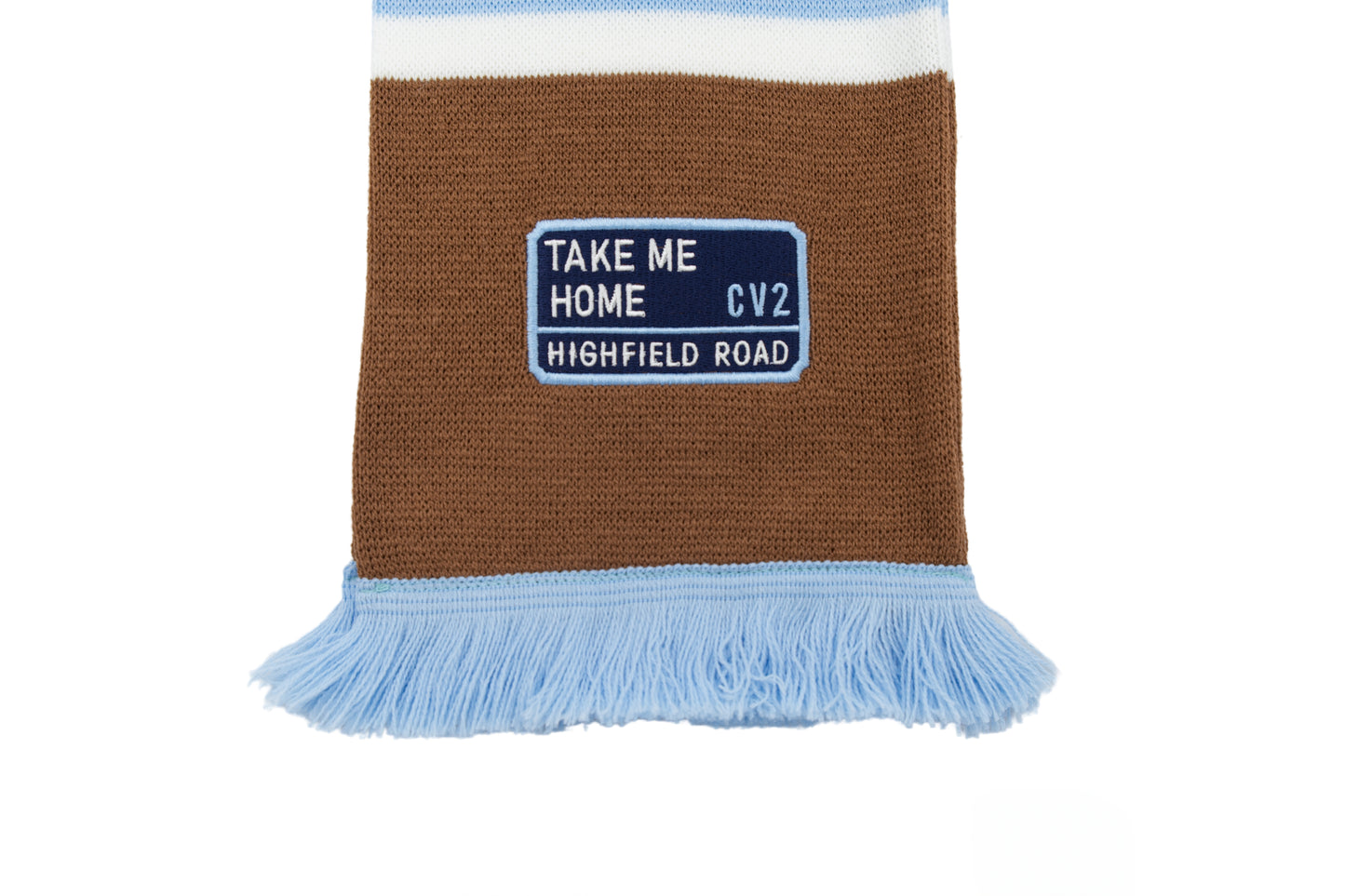 Milk chocolate scarf with navy blue embroidered badge (CV2)