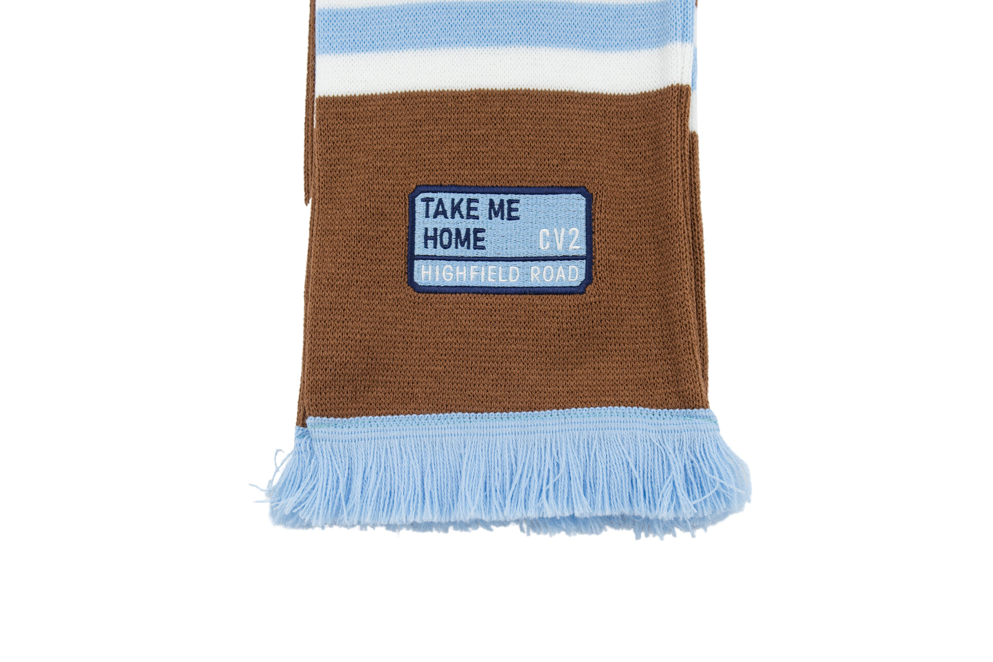 Milk chocolate scarf with sky blue embroidered badge (CV2)