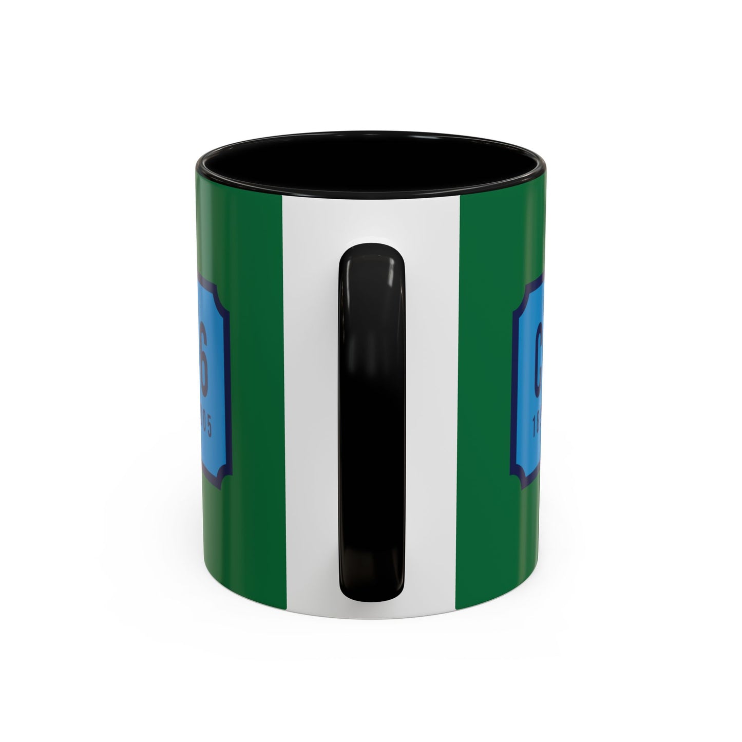 Green and black mug with sky blue badge (CV2-CV6)