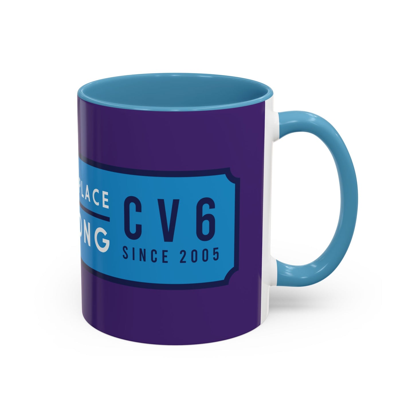 Purple and sky blue mug with sky blue badge (CV2-CV6)