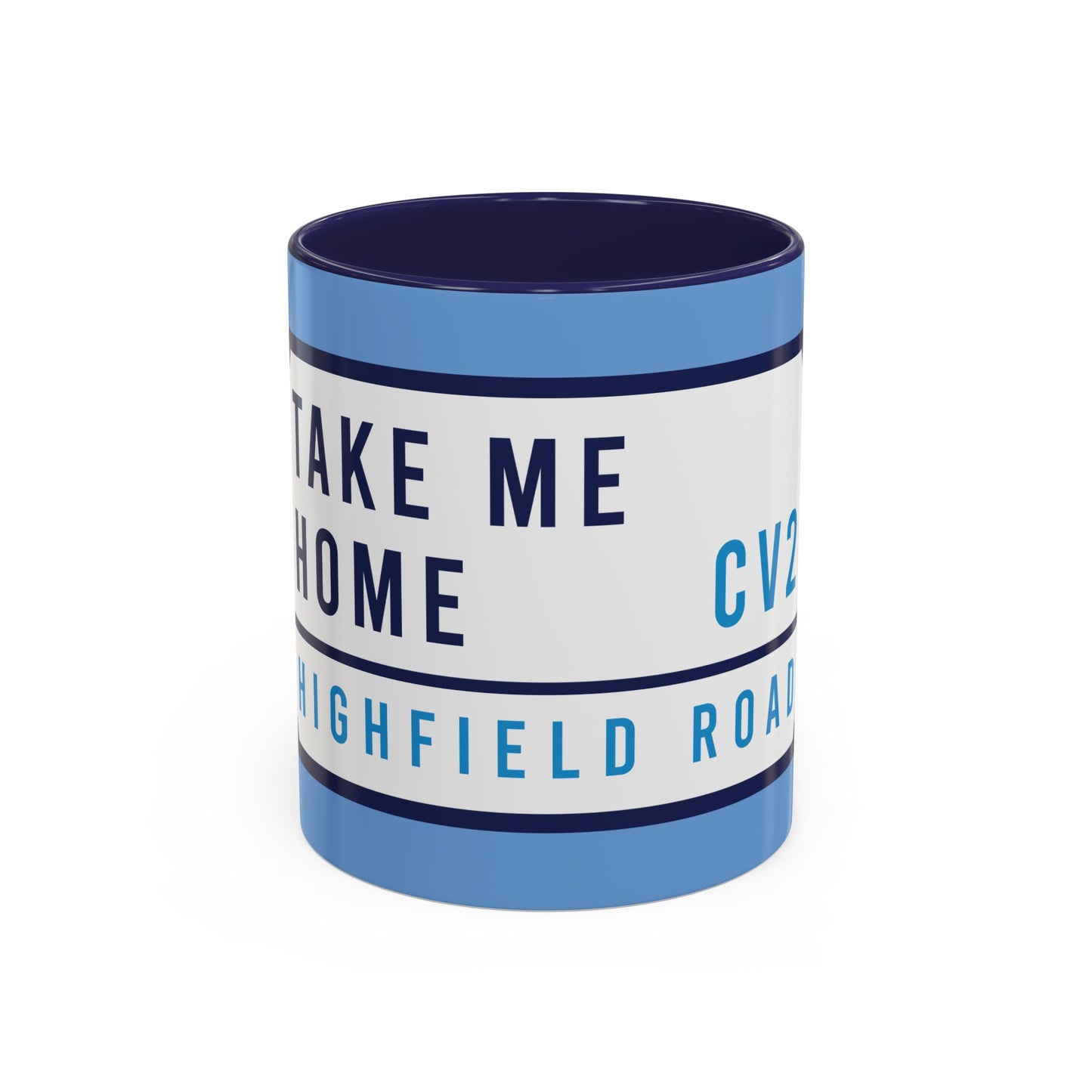 Sky blue and navy blue mug with white badge (CV2)