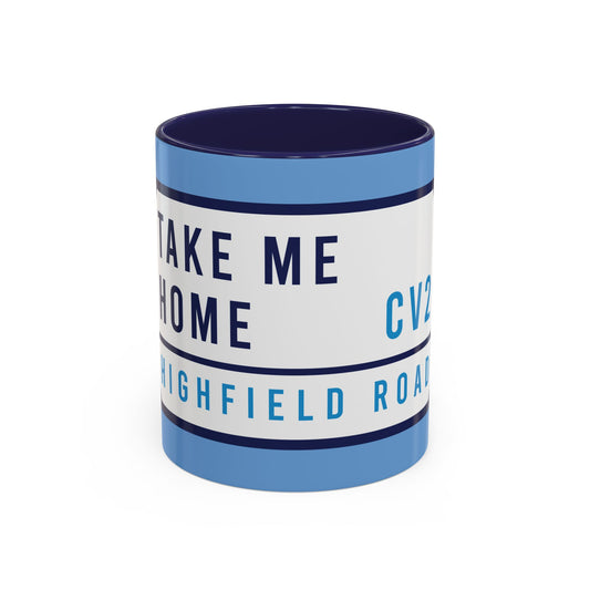 Sky blue and navy blue mug with white badge (CV2)