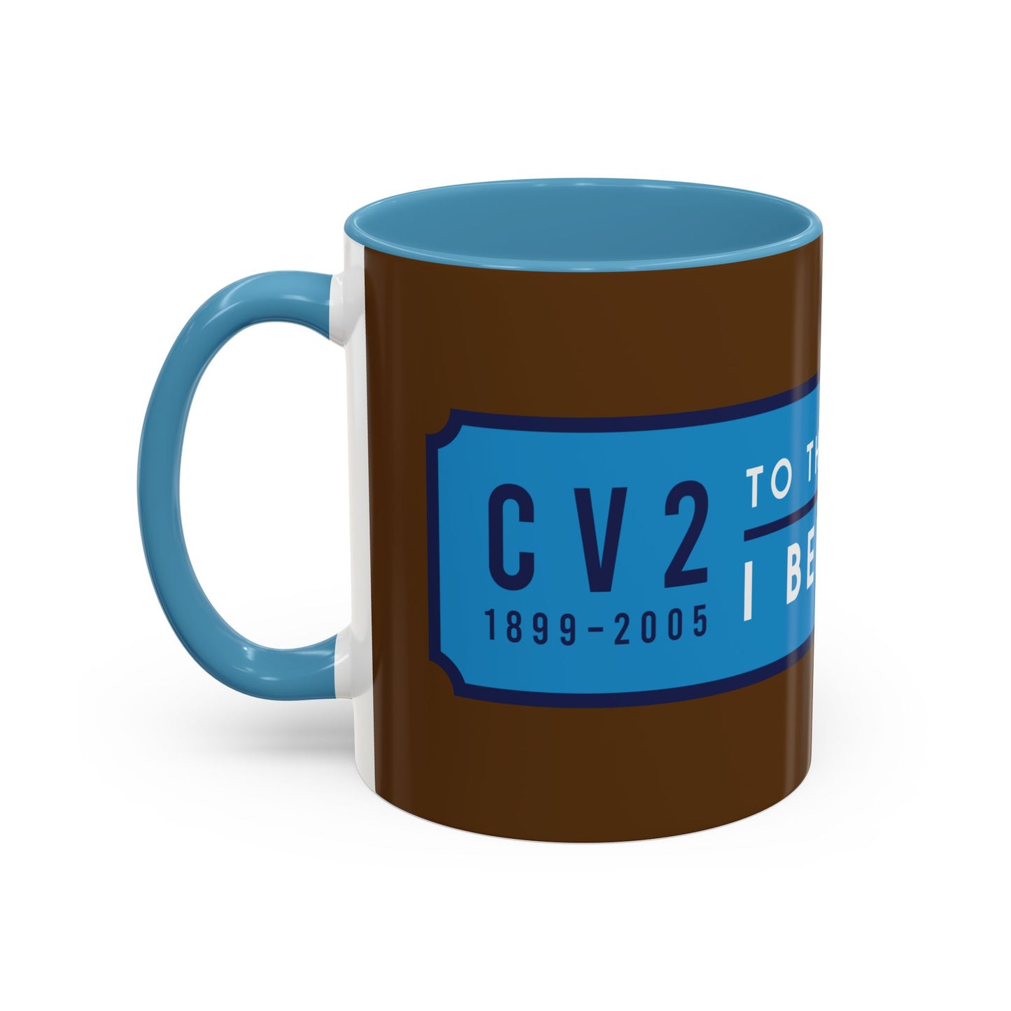 Chocolate brown and sky blue mug with sky blue badge (CV2-CV6)