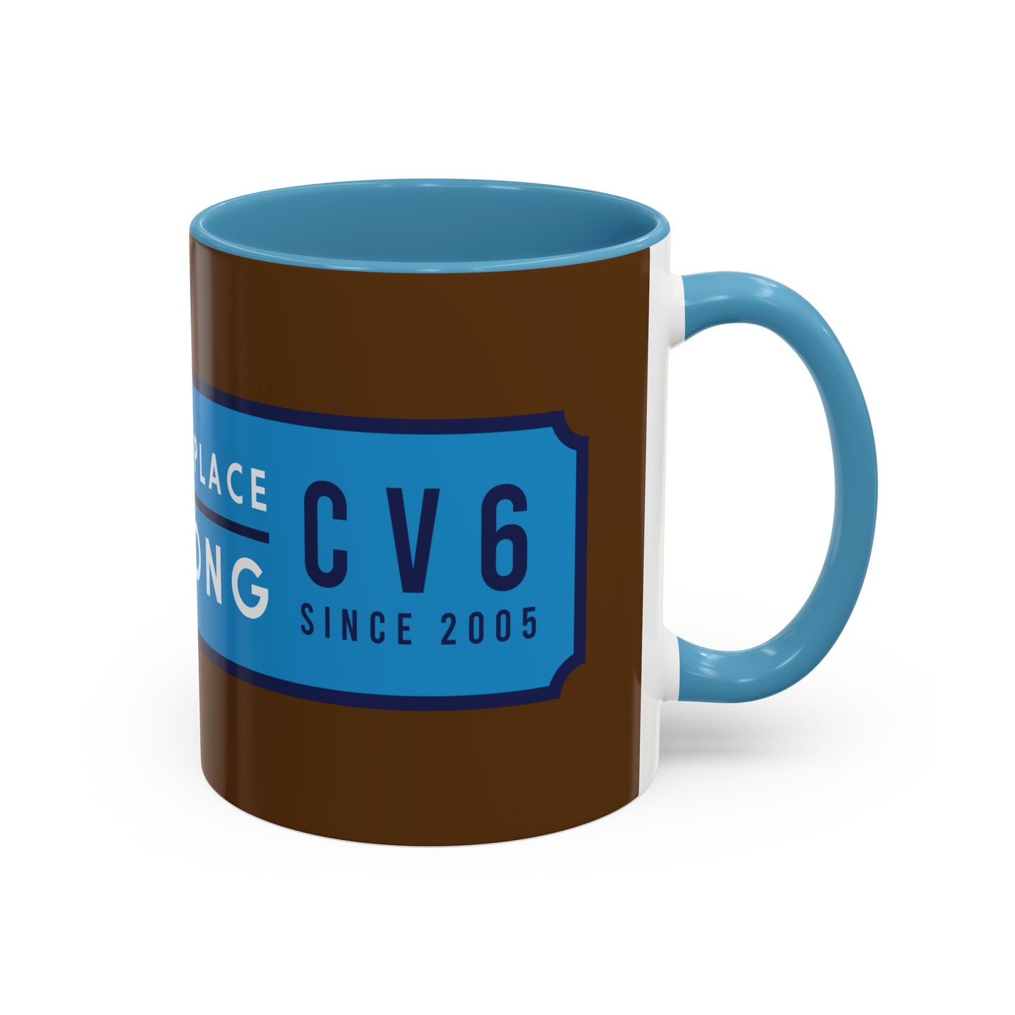 Chocolate brown and sky blue mug with sky blue badge (CV2-CV6)