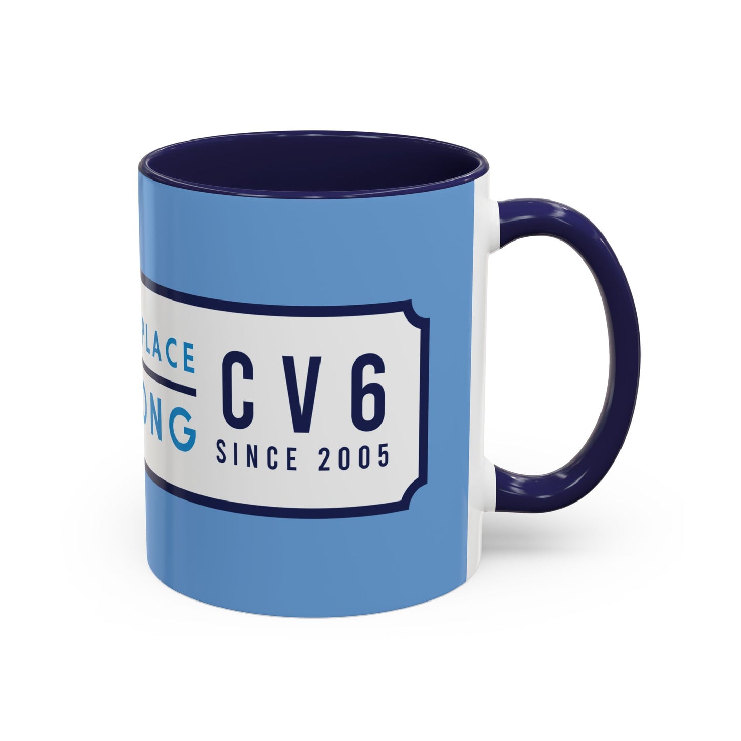 Sky blue and navy blue mug with white badge (CV2-CV6)