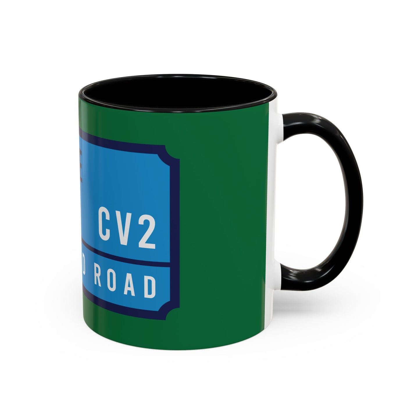 Green and black mug with sky blue badge (CV2)