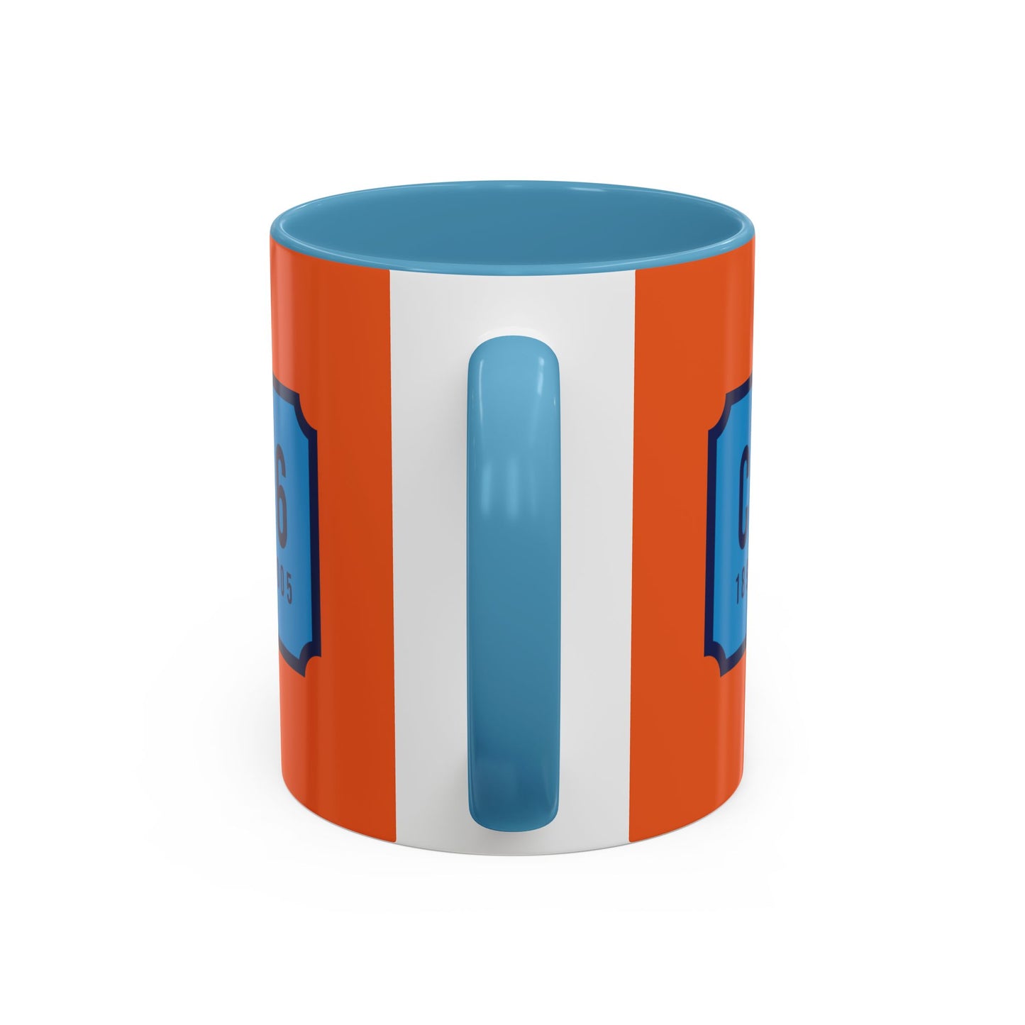 Orange and sky blue mug with sky blue badge (CV2-CV6)