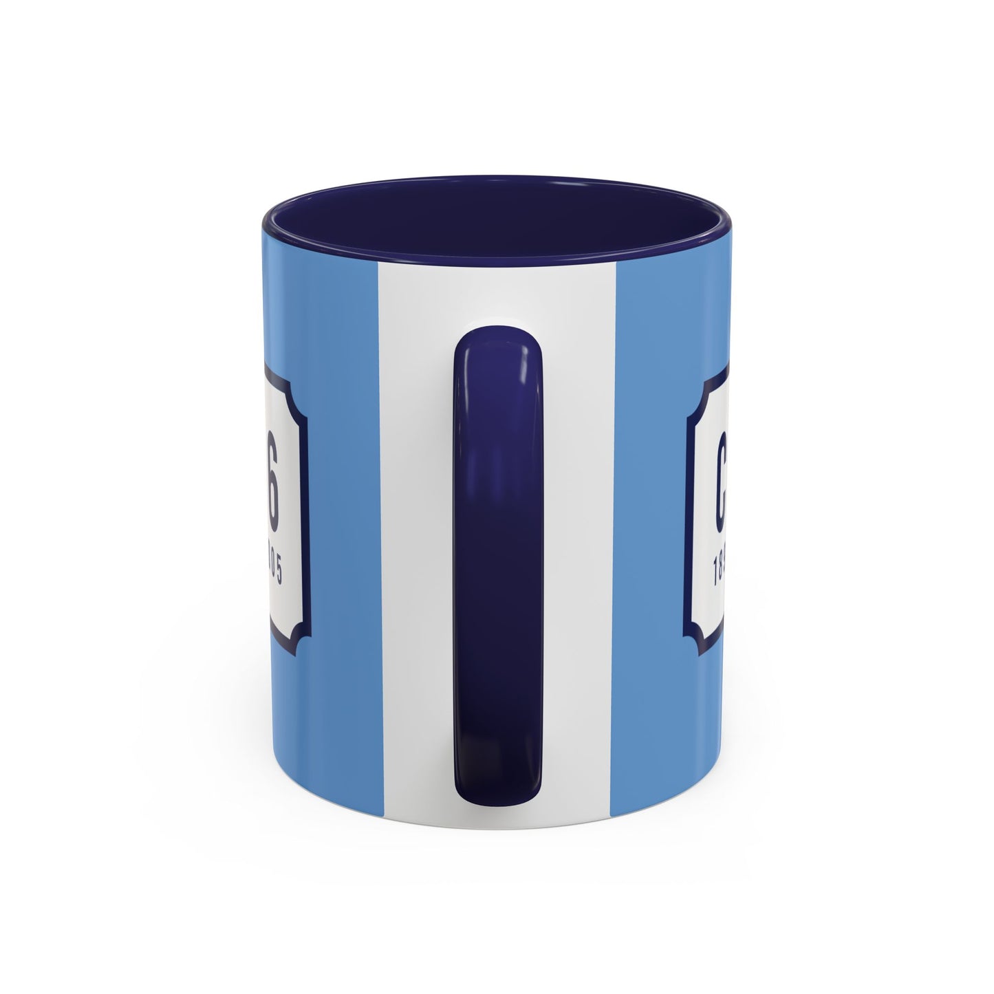 Sky blue and navy blue mug with white badge (CV2-CV6)