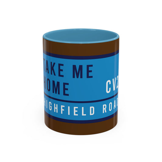 Chocolate brown and sky blue mug with sky blue badge (CV2)