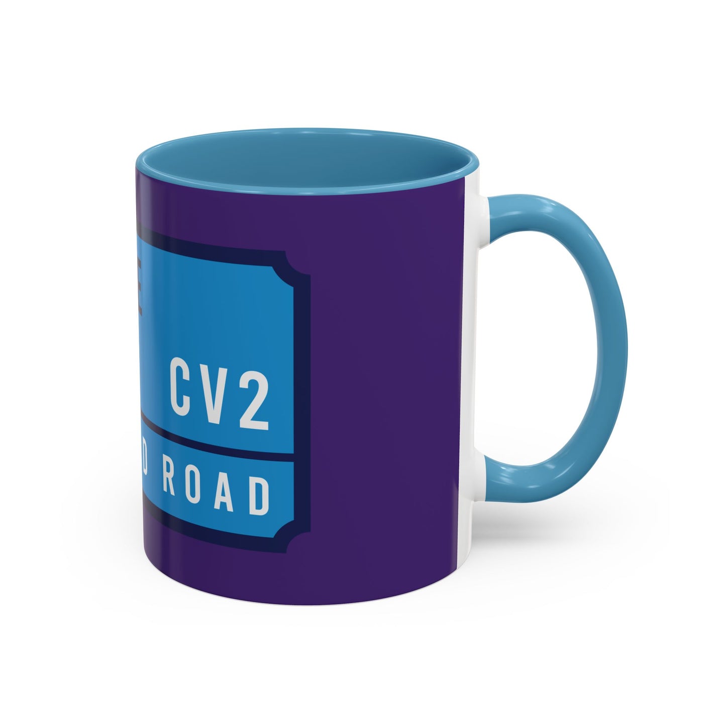 Purple and sky blue mug with sky blue badge (CV2)
