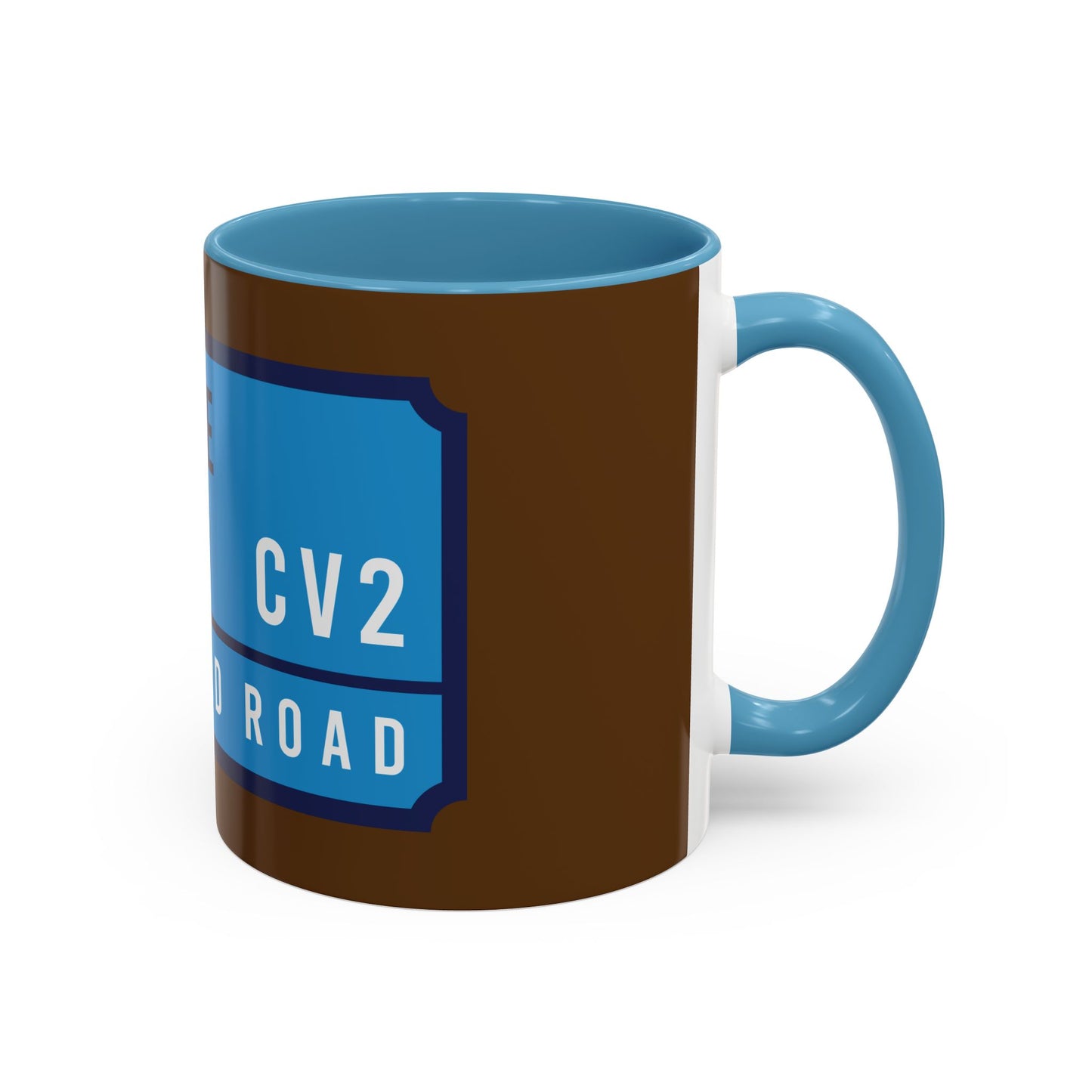 Chocolate brown and sky blue mug with sky blue badge (CV2)