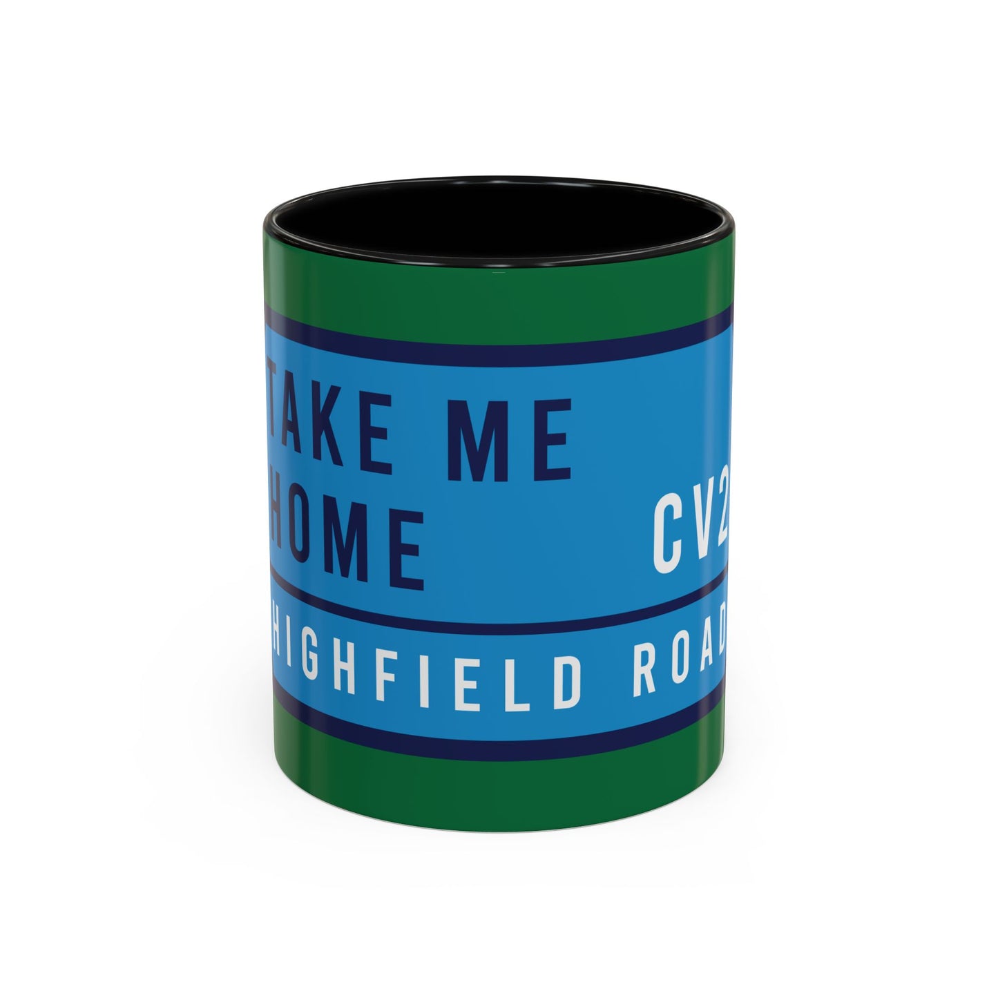 Green and black mug with sky blue badge (CV2)