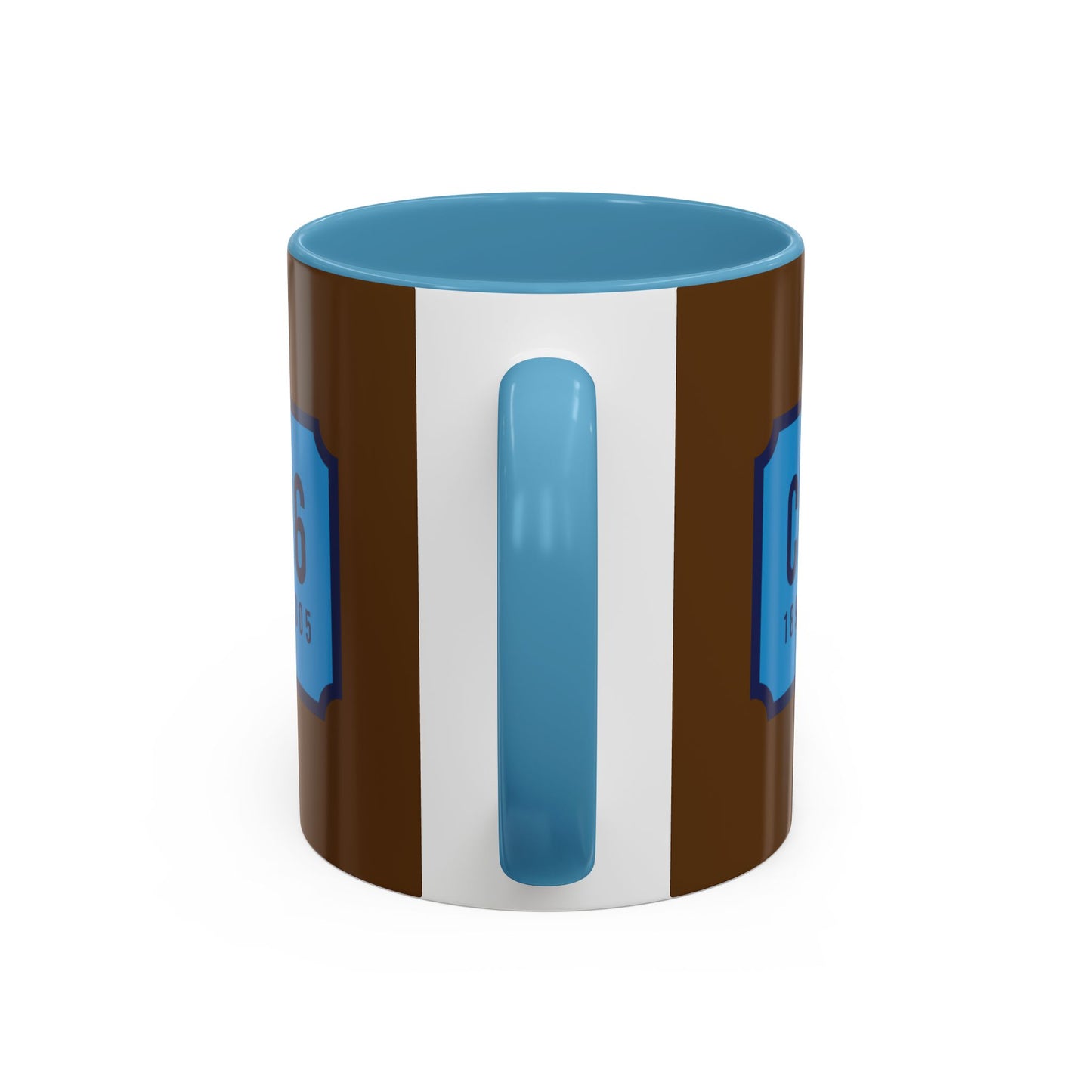 Chocolate brown and sky blue mug with sky blue badge (CV2-CV6)