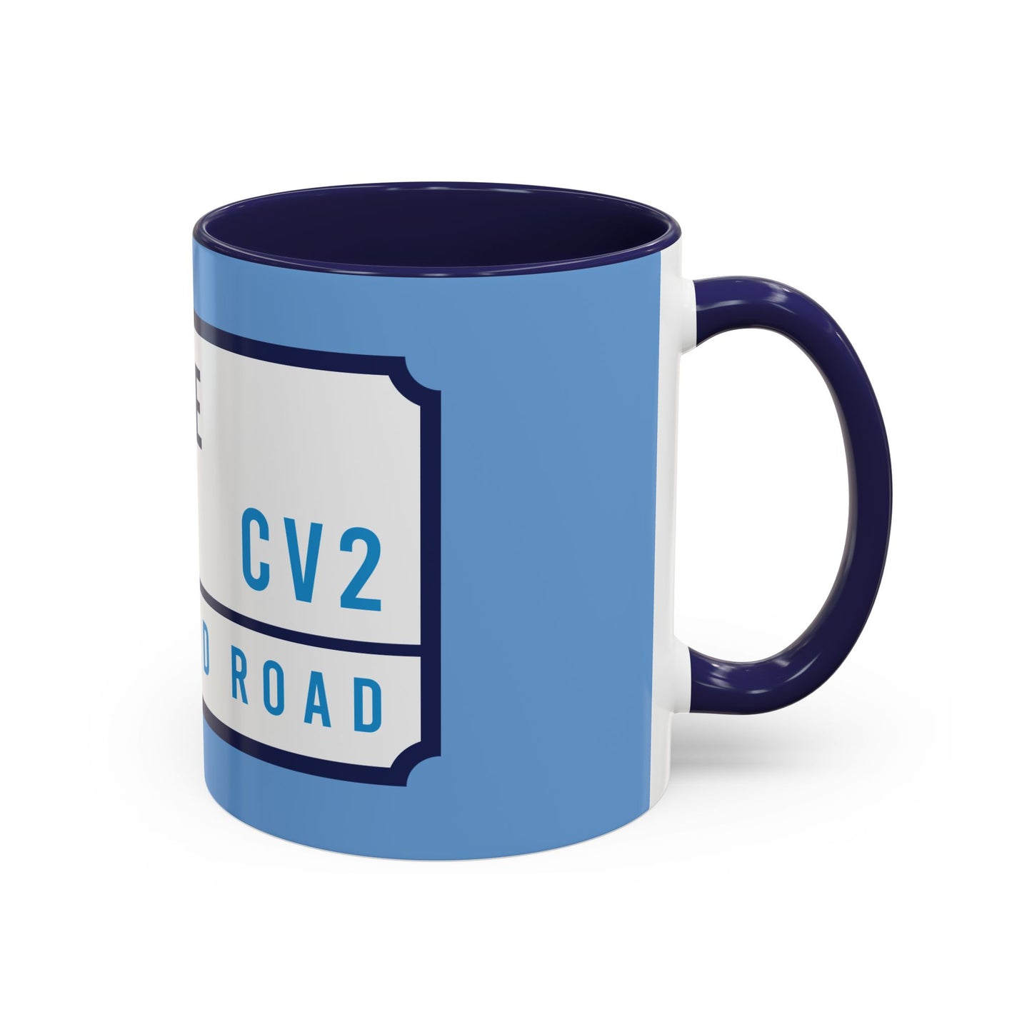 Sky blue and navy blue mug with white badge (CV2)