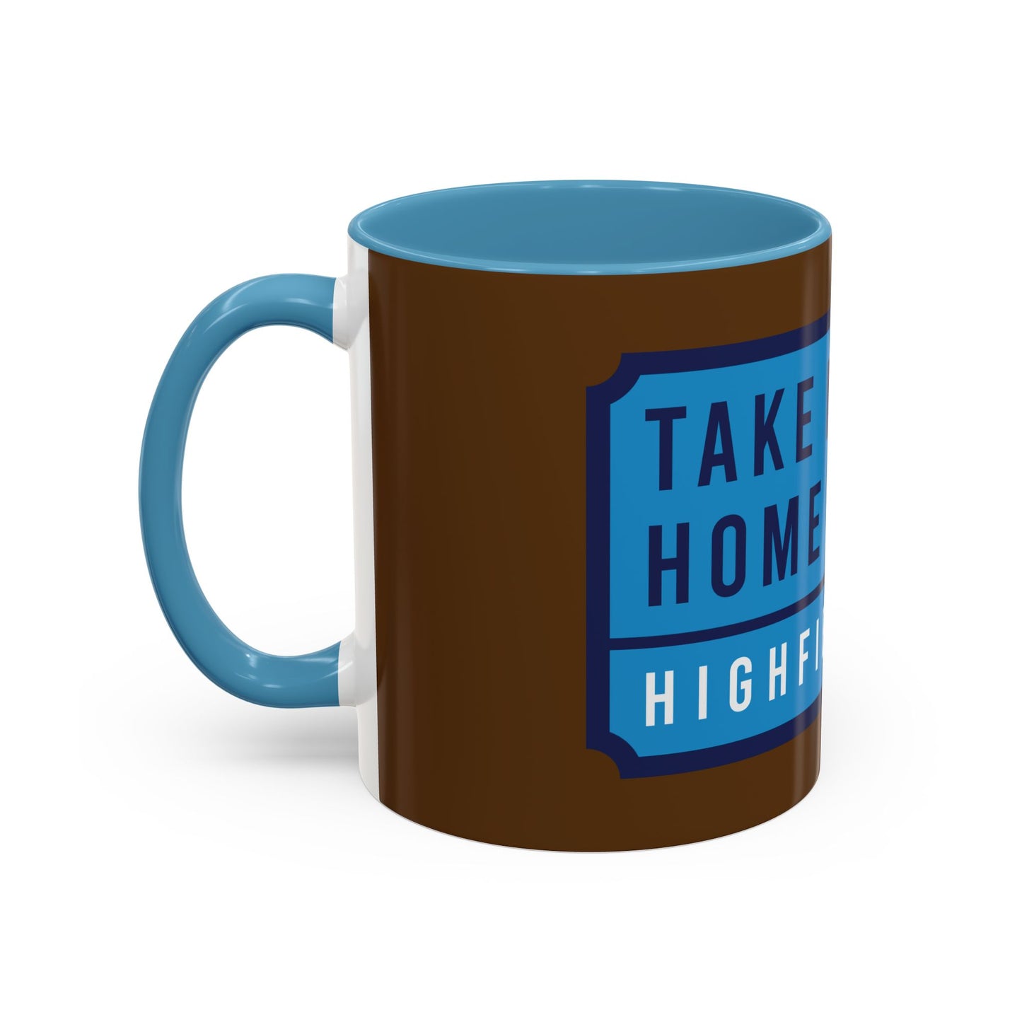 Chocolate brown and sky blue mug with sky blue badge (CV2)