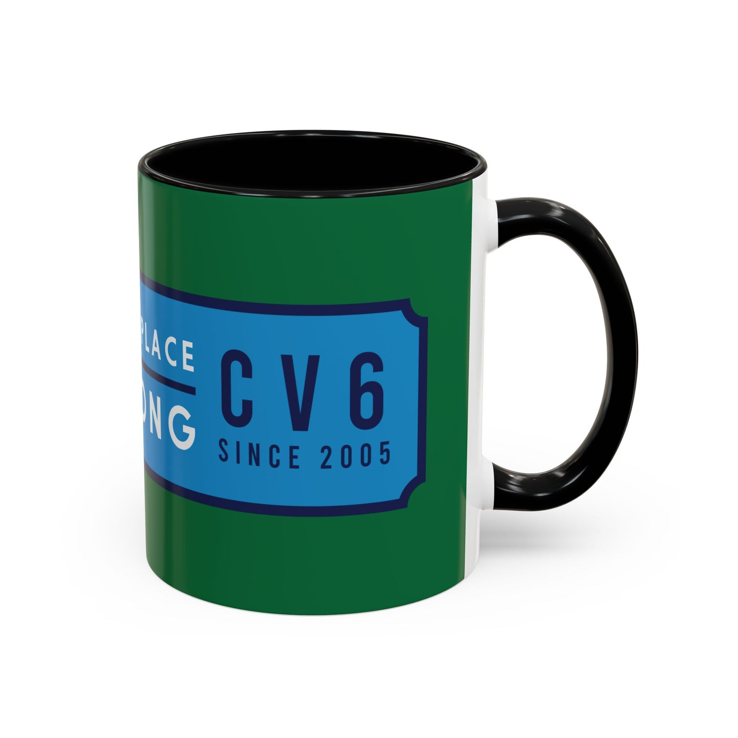Green and black mug with sky blue badge (CV2-CV6)