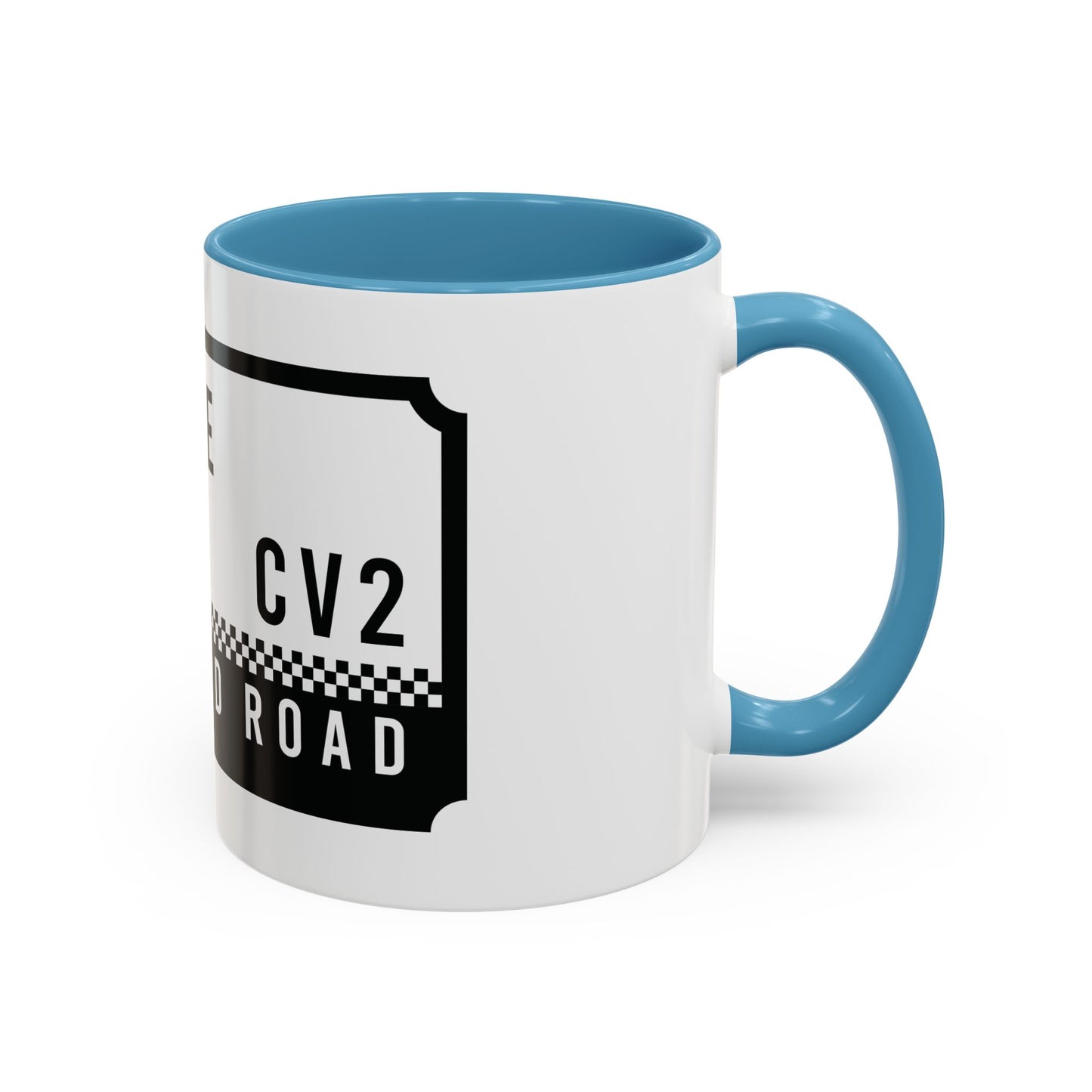 White and sky blue mug with two-tone badge (CV2)