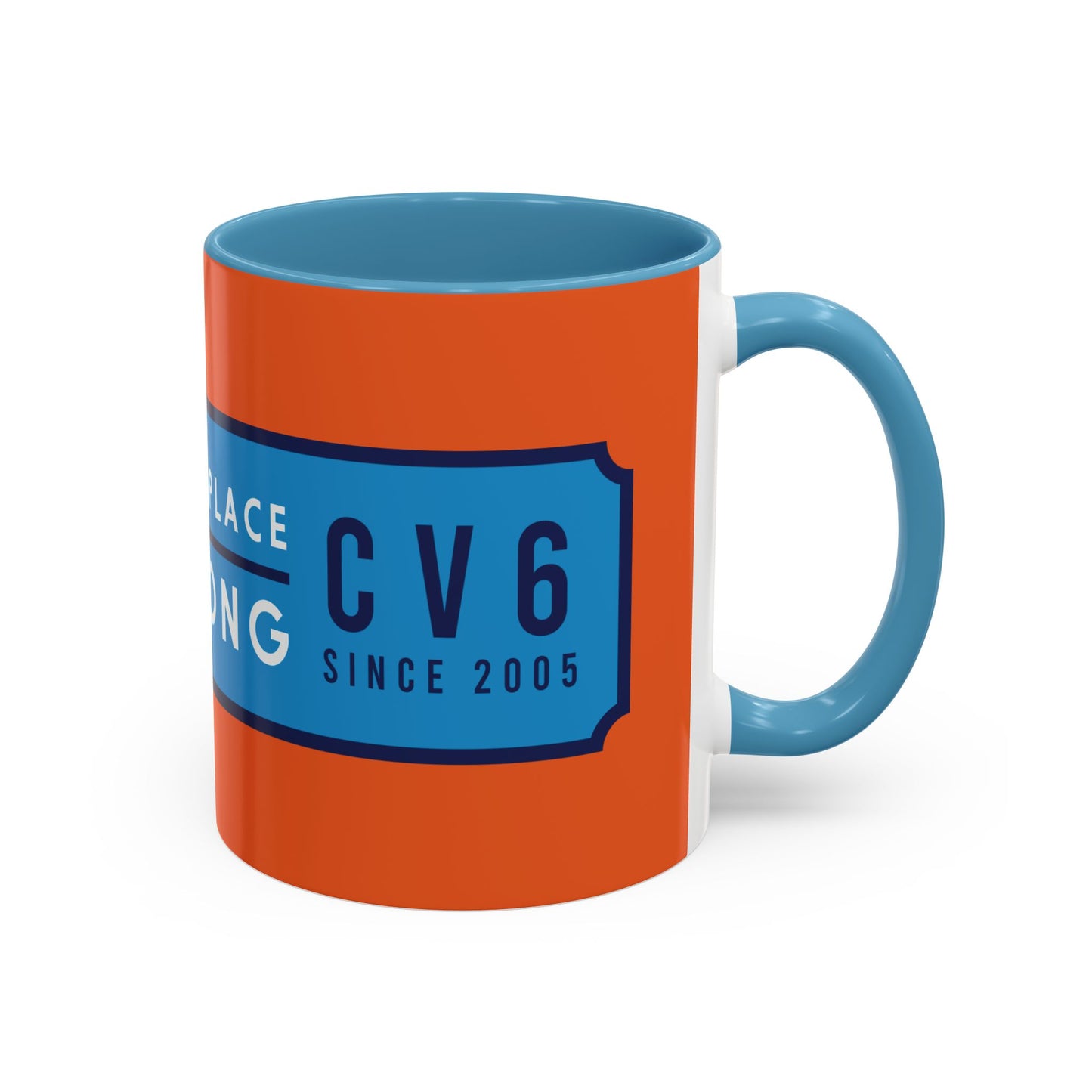 Orange and sky blue mug with sky blue badge (CV2-CV6)