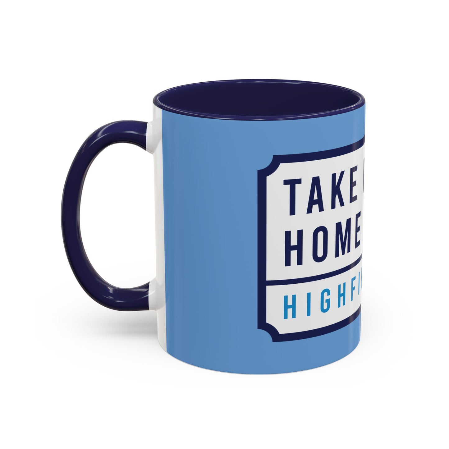 Sky blue and navy blue mug with white badge (CV2)