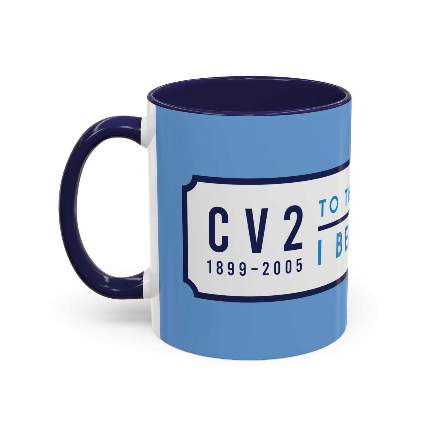 Sky blue and navy blue mug with white badge (CV2-CV6)