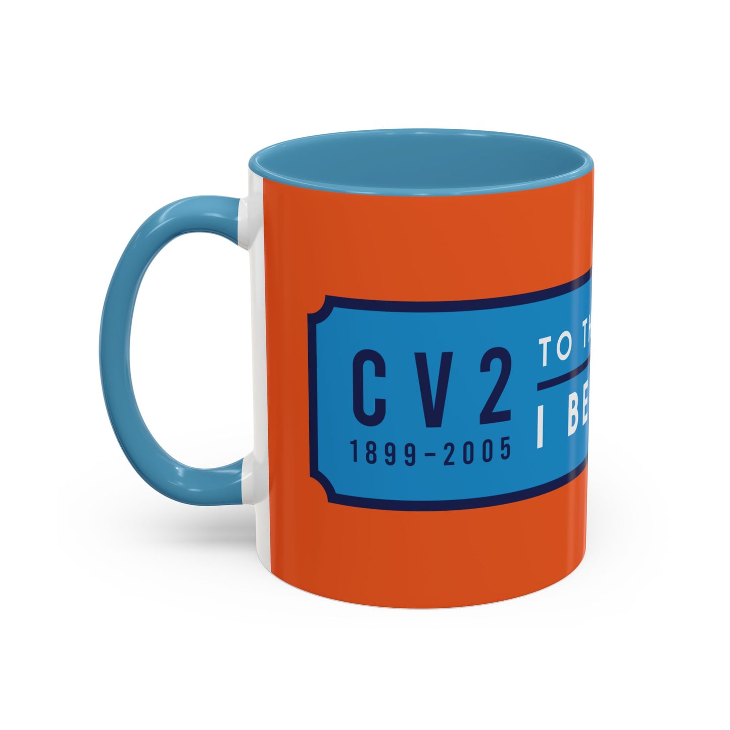 Orange and sky blue mug with sky blue badge (CV2-CV6)