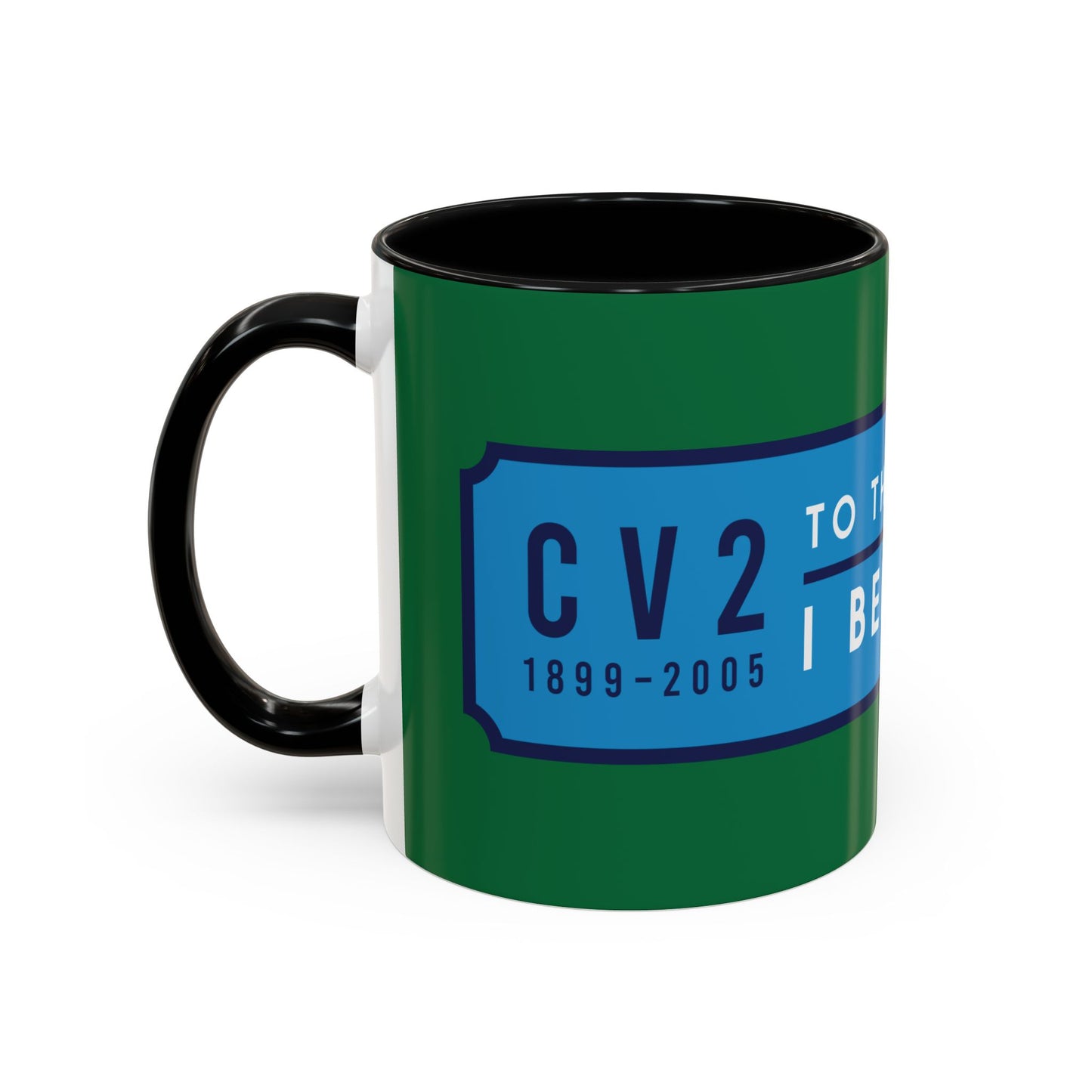 Green and black mug with sky blue badge (CV2-CV6)