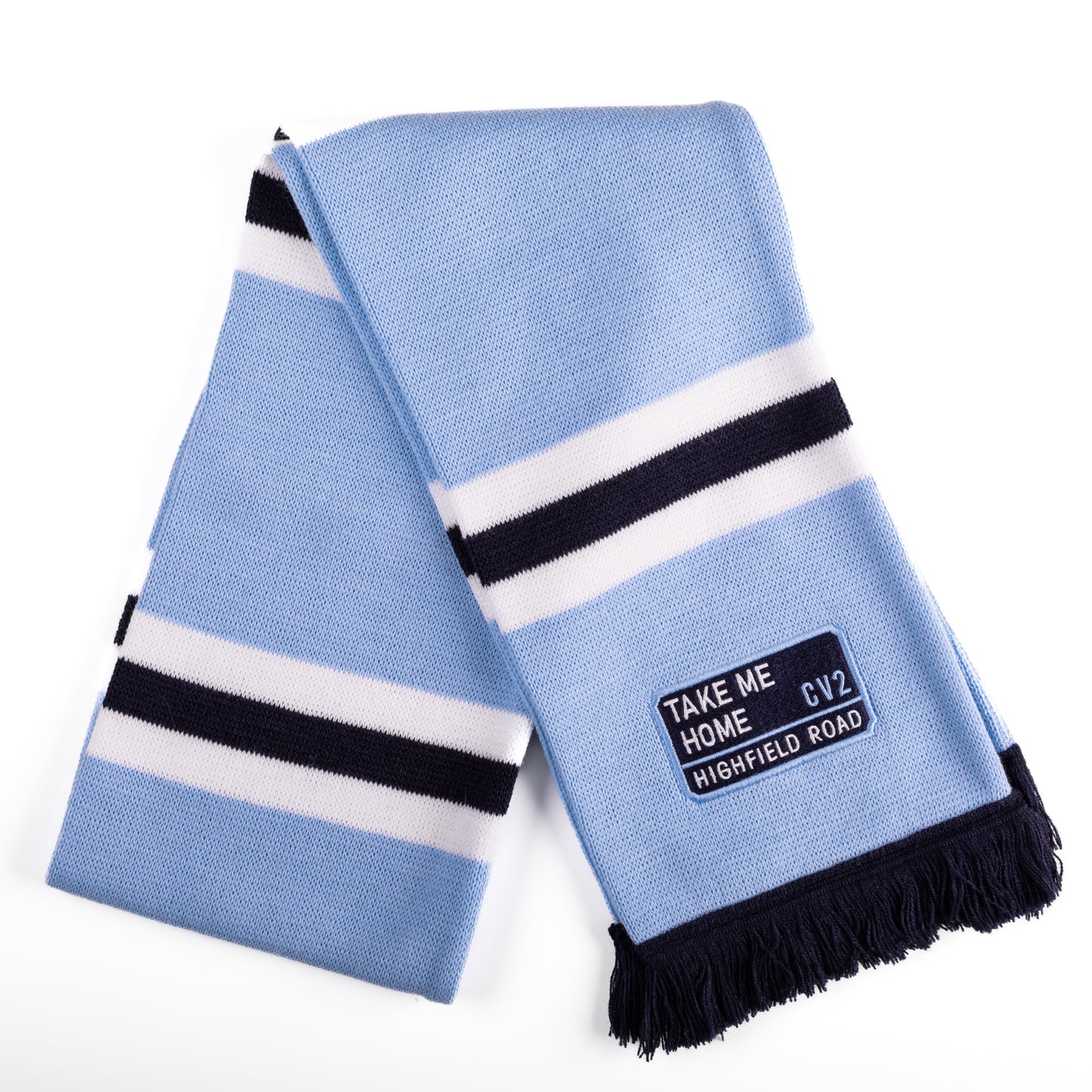 Sky blue scarf with navy blue embroidered badge (CV2)