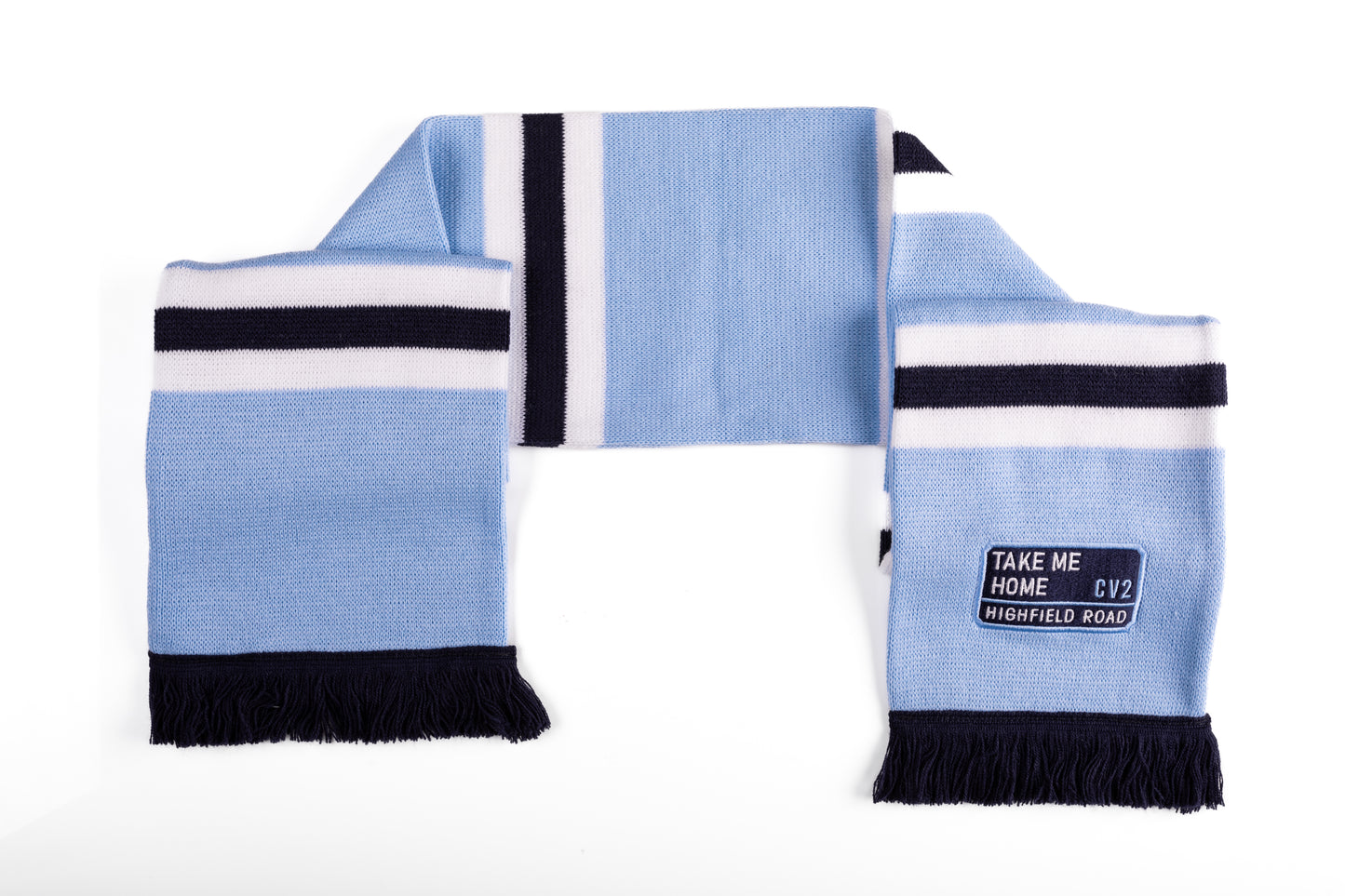 Sky blue scarf with navy blue embroidered badge (CV2)