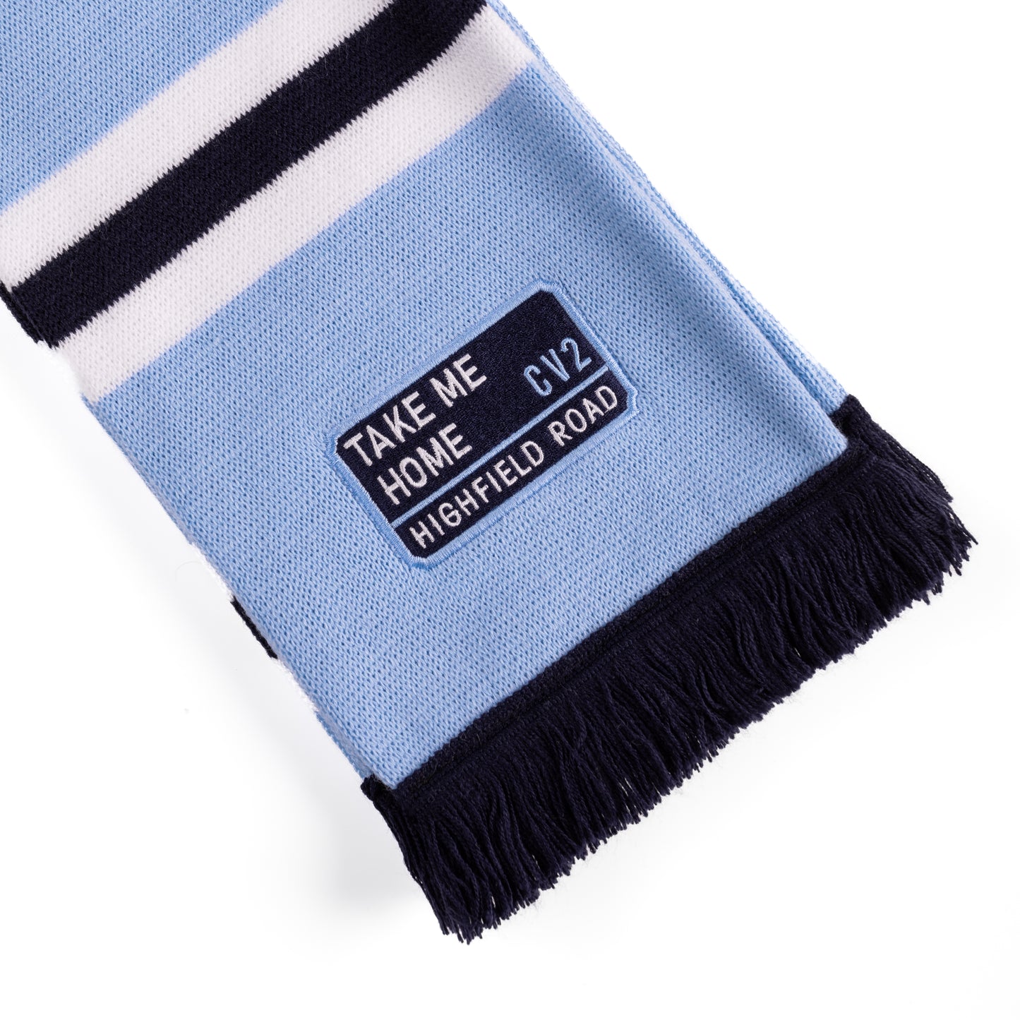 Sky blue scarf with navy blue embroidered badge (CV2)