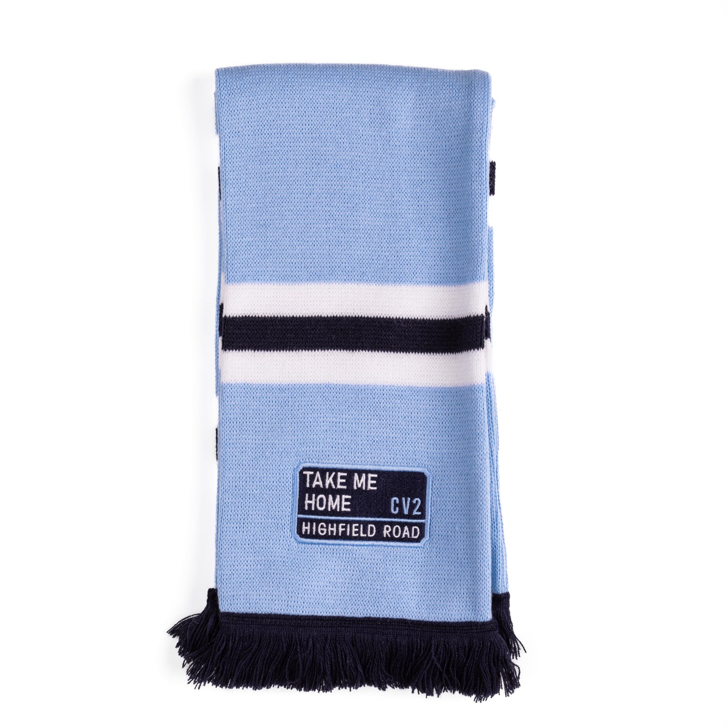 Sky blue scarf with navy blue embroidered badge (CV2)