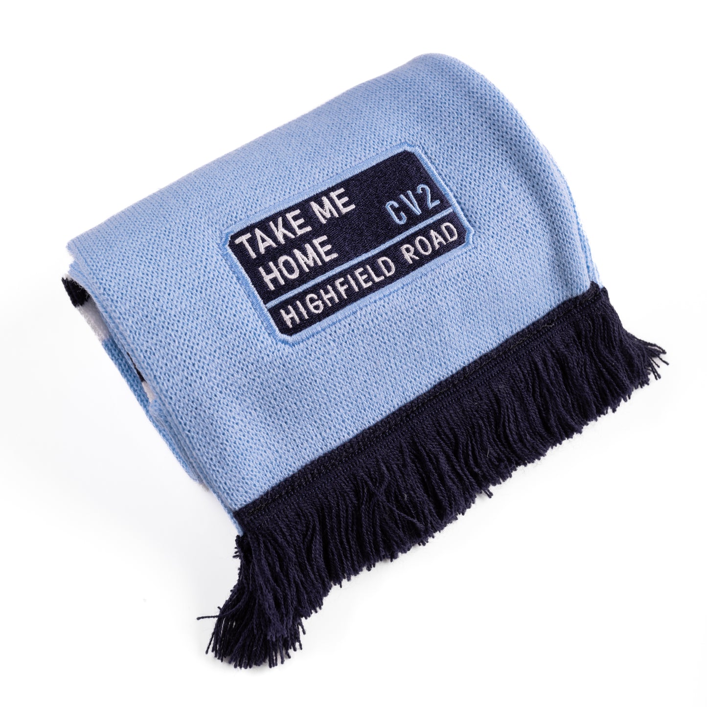 Sky blue scarf with navy blue embroidered badge (CV2)
