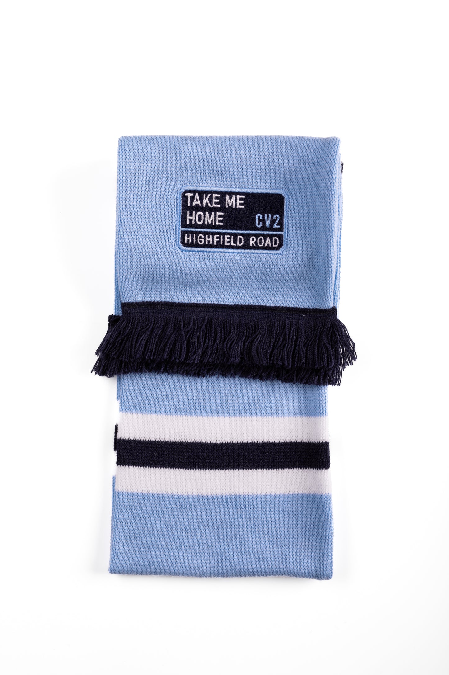 Sky blue scarf with navy blue embroidered badge (CV2)