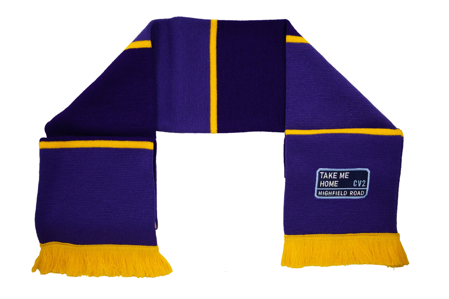 Purple scarf with navy blue embroidered badge (CV2)