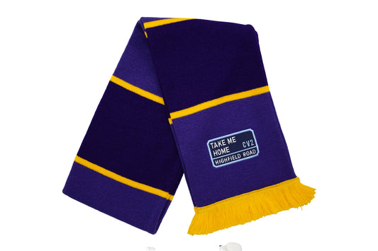 Purple scarf with navy blue embroidered badge (CV2)