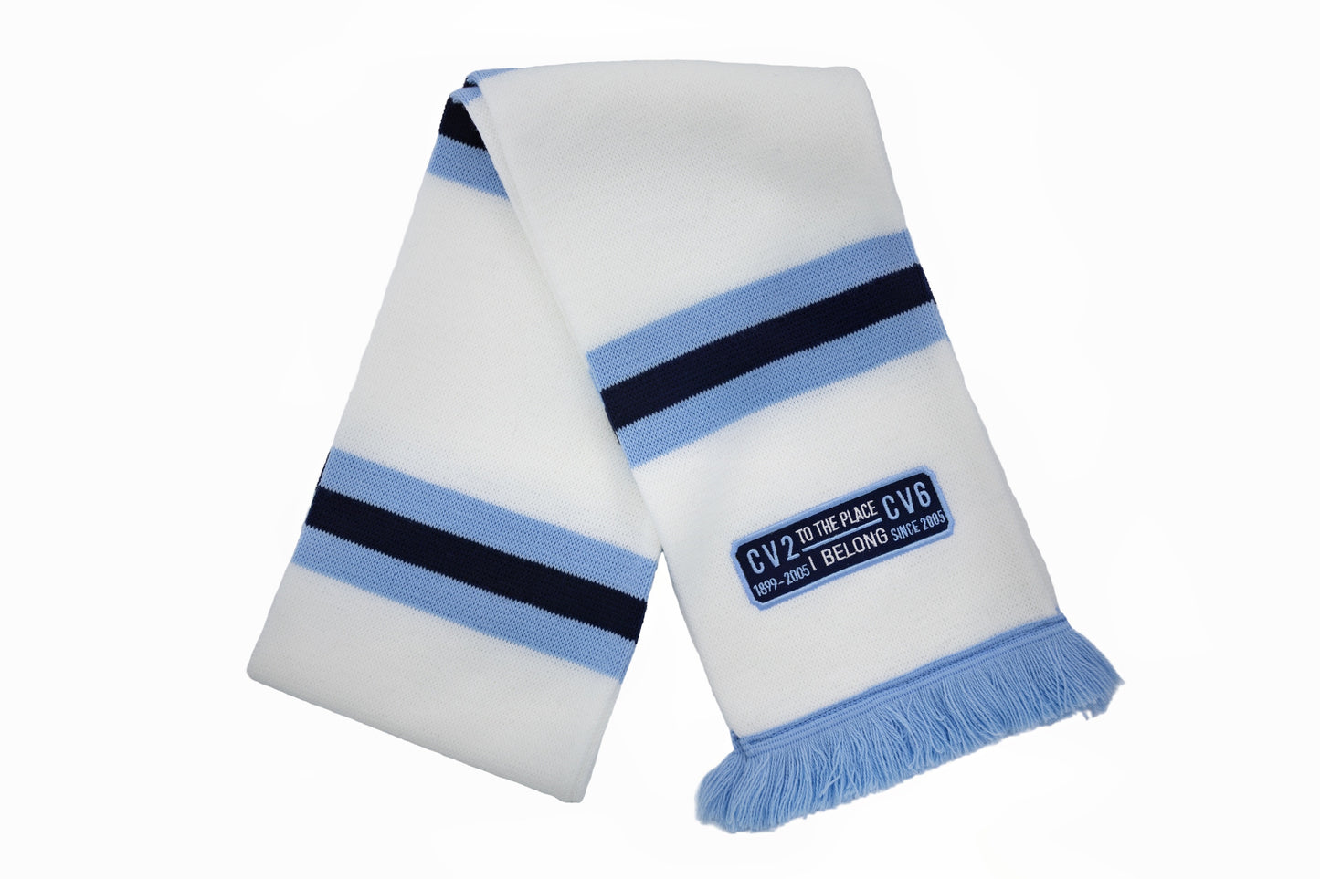 White edition scarf with navy blue embroidered badge (CV2-CV6)