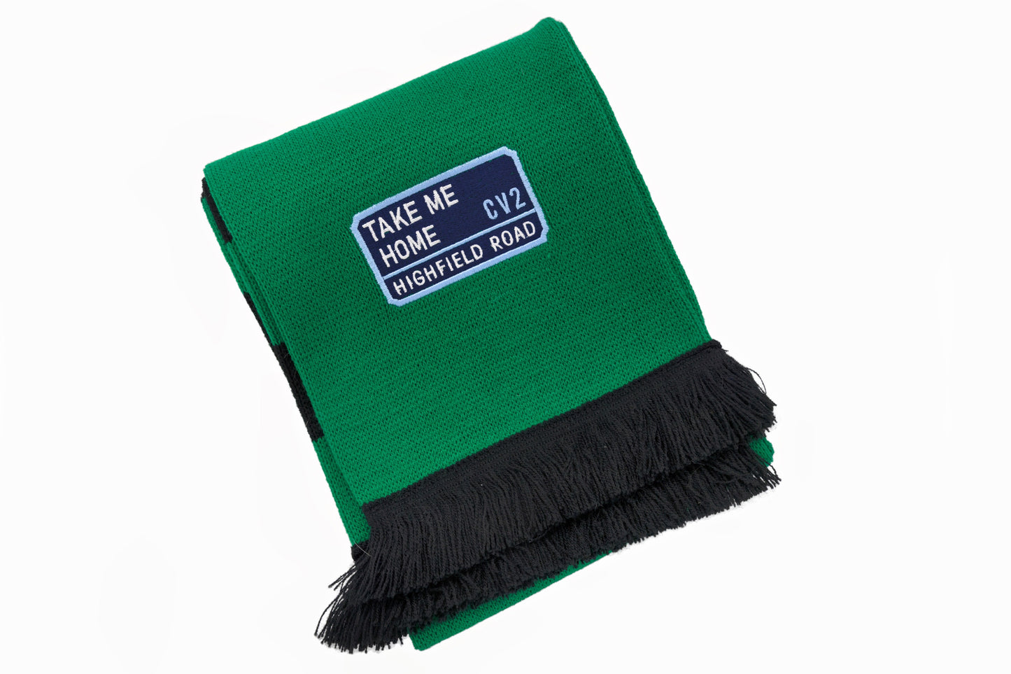 Green and black scarf with navy blue embroidered badge (CV2)