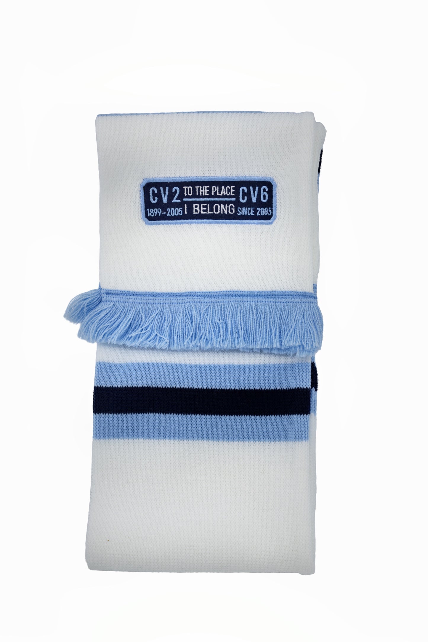 White edition scarf with navy blue embroidered badge (CV2-CV6)