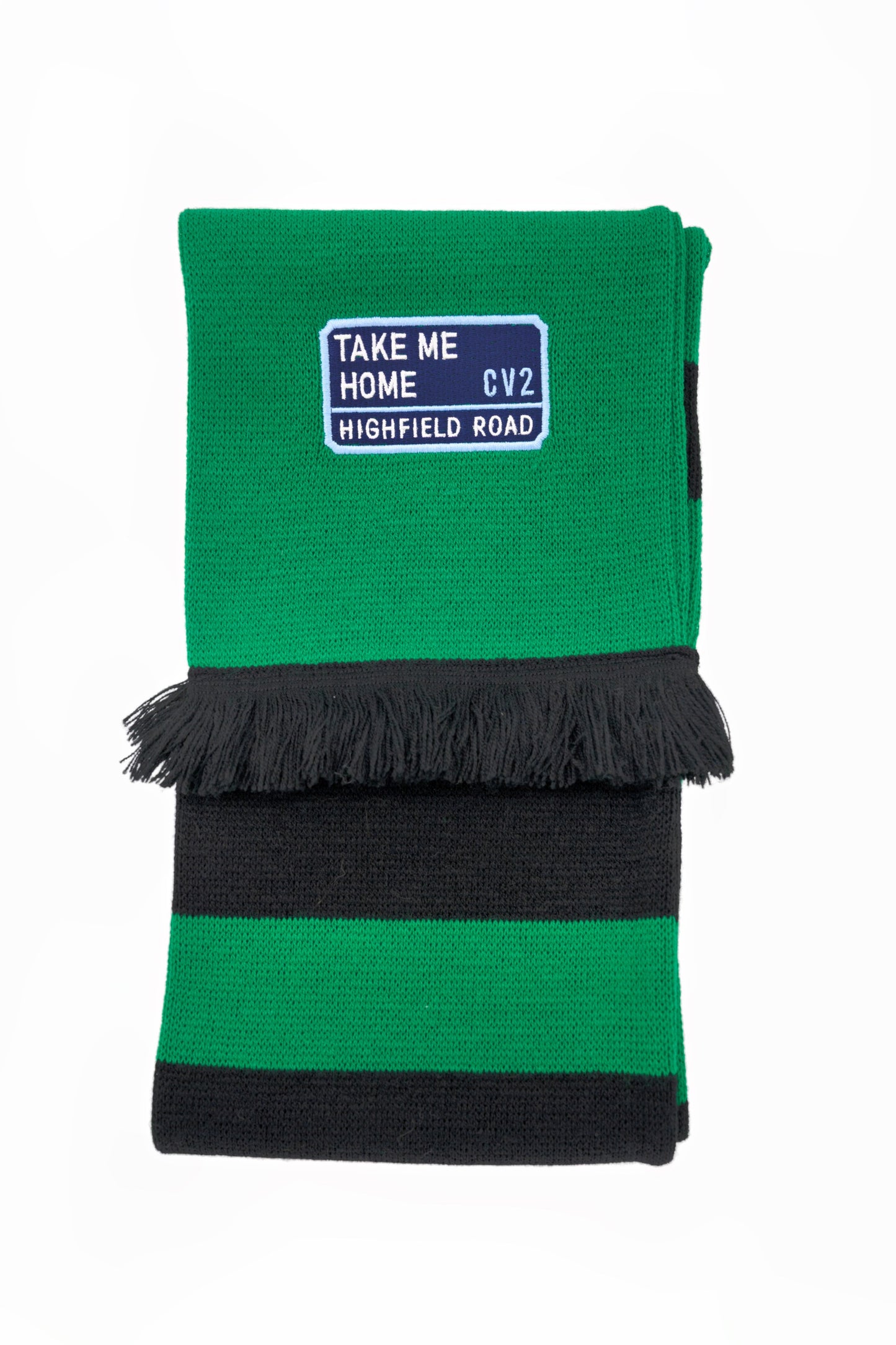 Green and black scarf with navy blue embroidered badge (CV2)