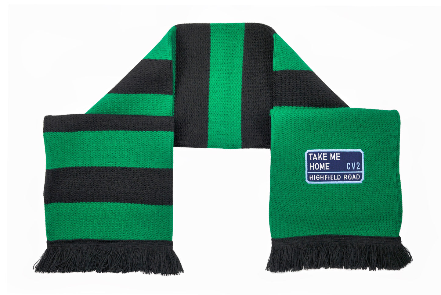 Green and black scarf with navy blue embroidered badge (CV2)