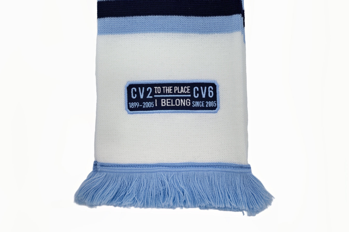 White edition scarf with navy blue embroidered badge (CV2-CV6)