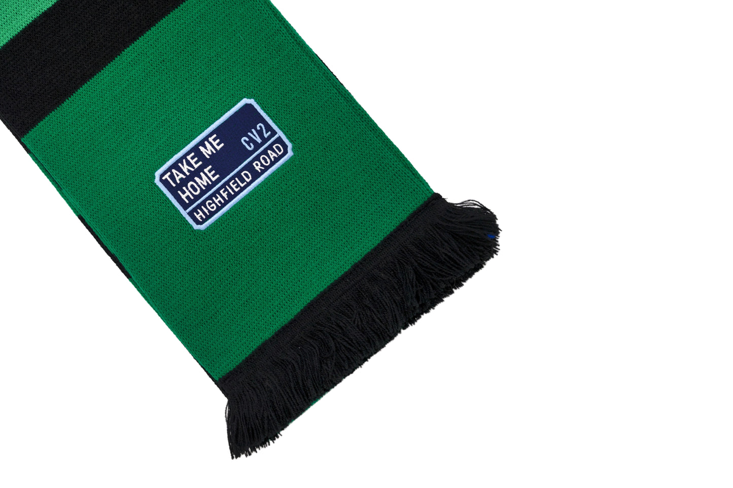 Green and black scarf with navy blue embroidered badge (CV2)