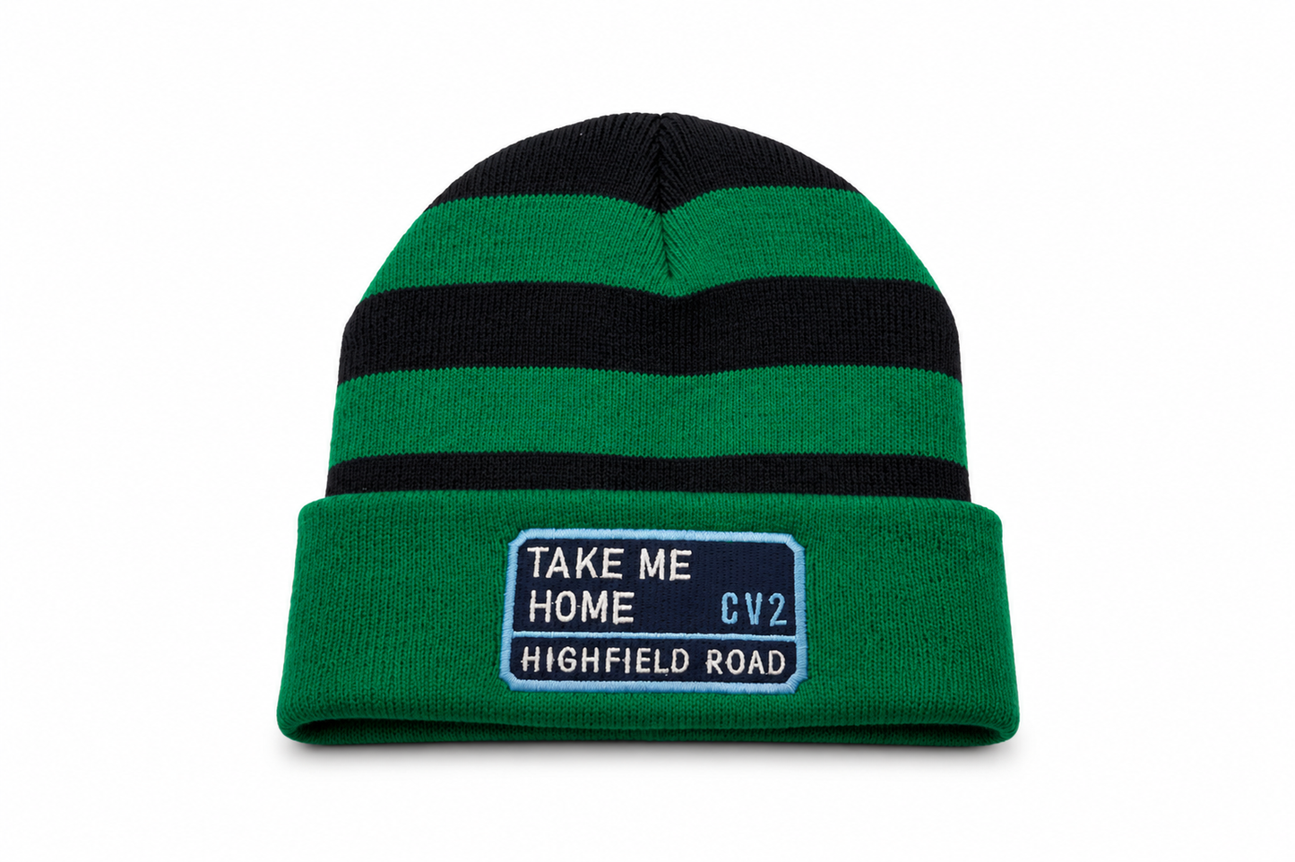 Green and black hat with navy blue embroidered badge (CV2)