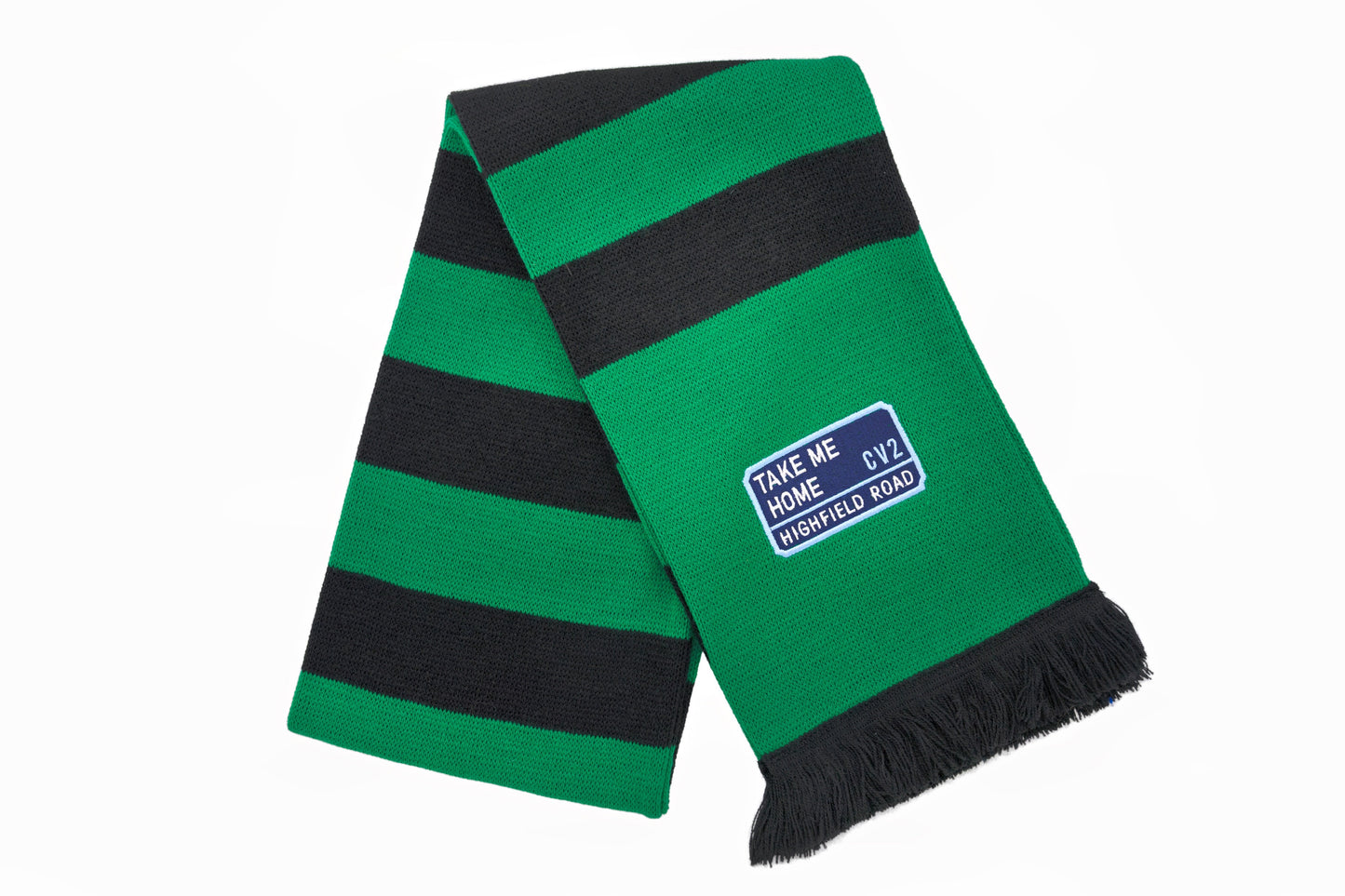 Green and black scarf with navy blue embroidered badge (CV2)