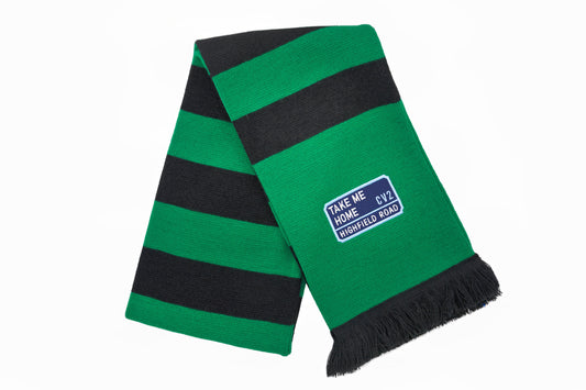 Green and black scarf with navy blue embroidered badge (CV2)