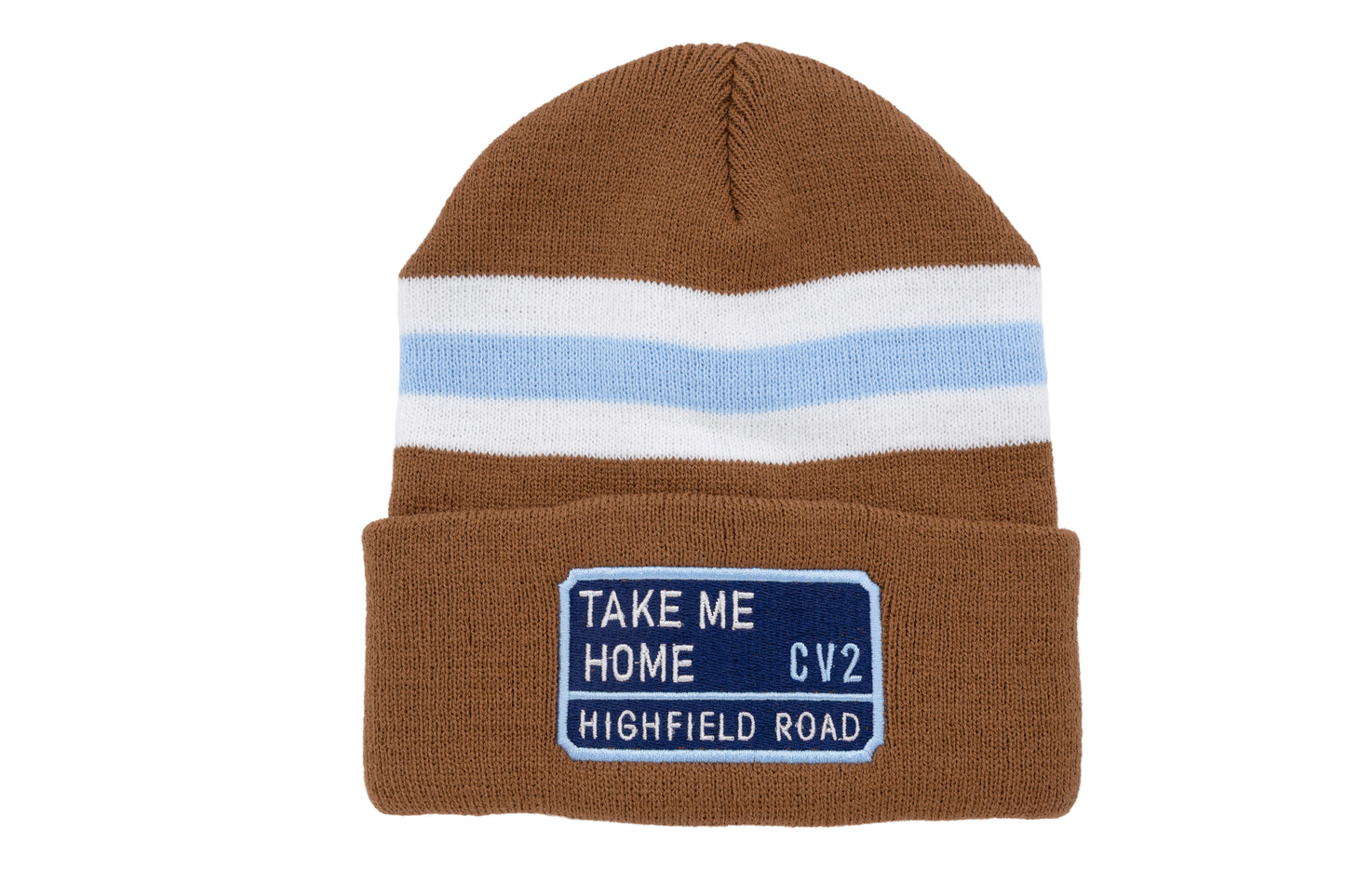 Milk chocolate hat with navy blue embroidered badge (CV2)