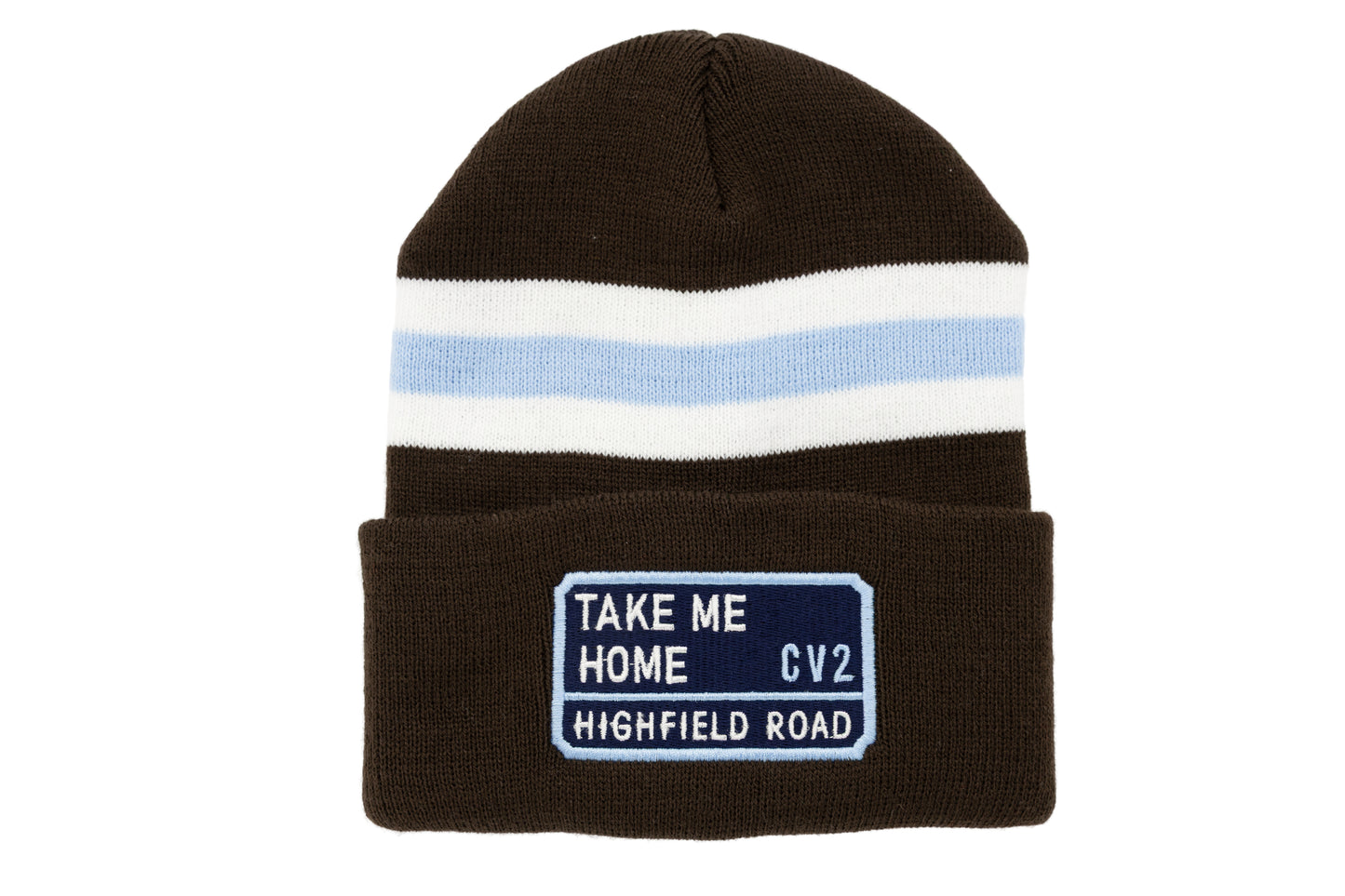 Dark chocolate hat with navy blue embroidered badge (CV2)